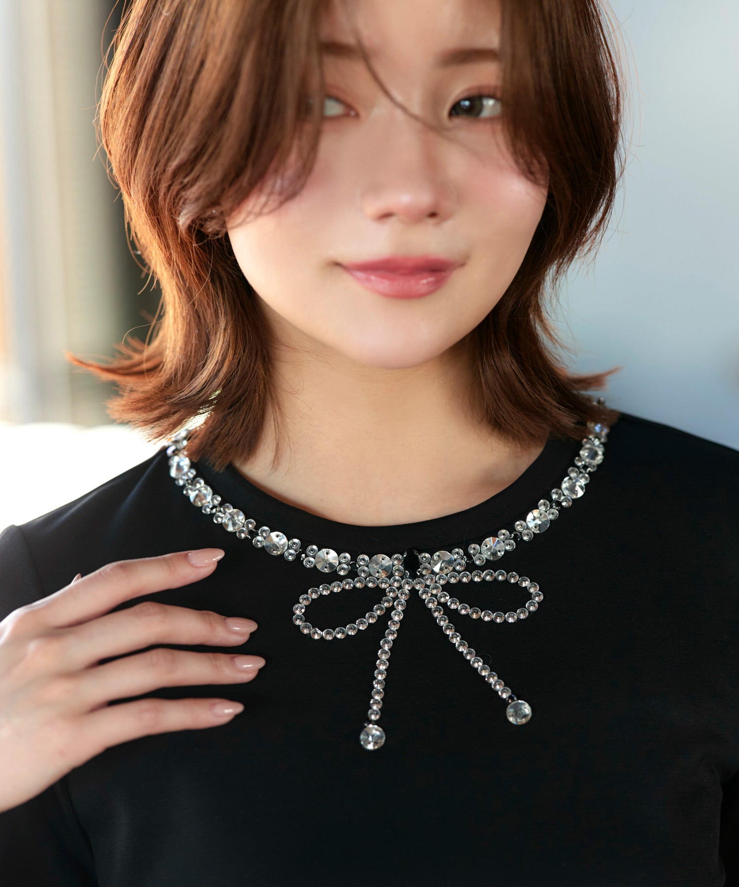 ルイルエブティック RUIRUE BOUTIQUE 洗える ストレッチ ｜ ドレスTシャツ ( ビジュー リボン ) ｜ トップス・Tシャツ・カットソー・半袖Tシャツ・きれいめTシャツ・白Tシャツ） （ブラック） ブラック