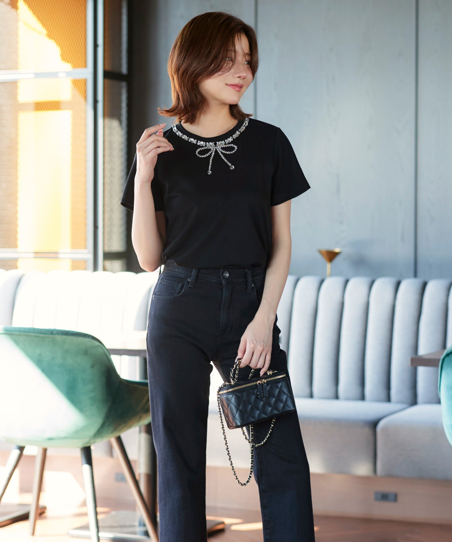ルイルエブティック RUIRUE BOUTIQUE 洗える ストレッチ ｜ ドレスTシャツ ( ビジュー リボン ) ｜ トップス・Tシャツ・カットソー・半袖Tシャツ・きれいめTシャツ・白Tシャツ） （ブラック） ブラック