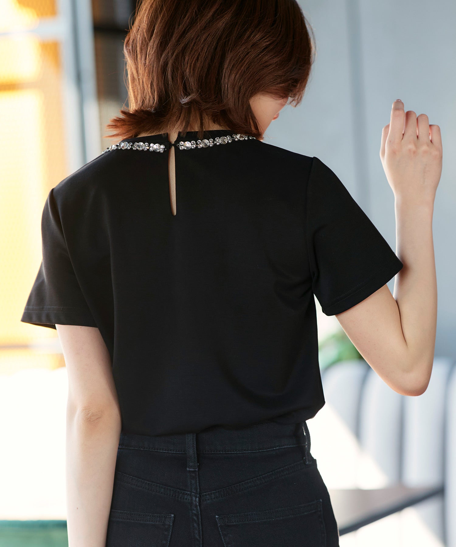 ルイルエブティック RUIRUE BOUTIQUE 洗える ストレッチ ｜ ドレスTシャツ ( ビジュー リボン ) ｜ トップス・Tシャツ・カットソー・半袖Tシャツ・きれいめTシャツ・白Tシャツ） （ブラック） ブラック