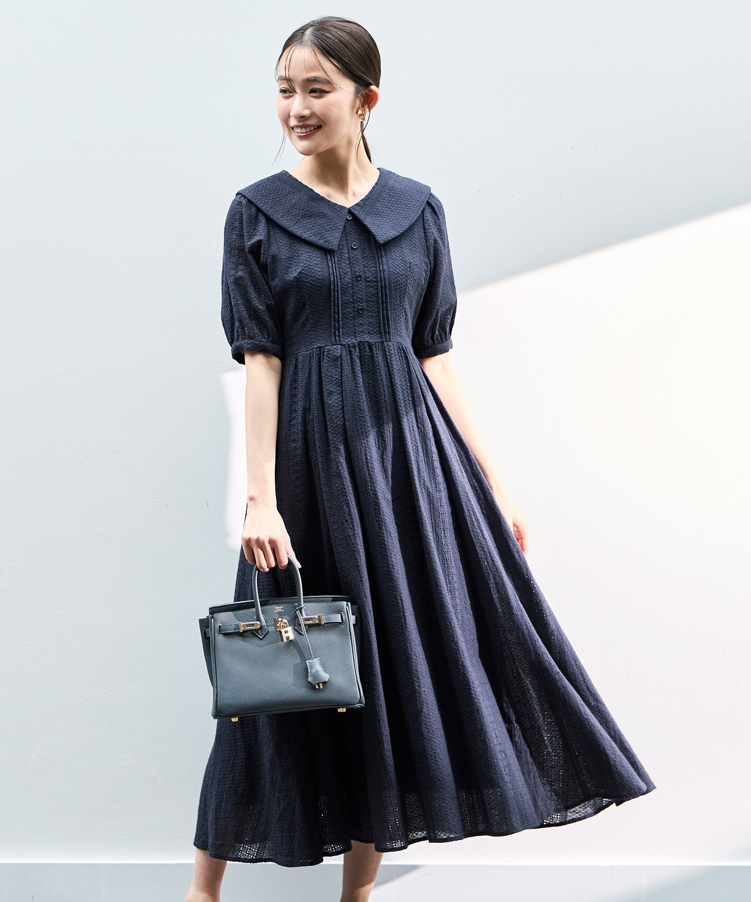 ルイルエブティック RUIRUE BOUTIQUE 洗える ｜ ビッグカラー フレアスカート ワンピース ｜ 夏ワンピース・ロングワンピース・リゾートワンピース・レースワンピース・サマードレス・タックスカート （ブラック） ネイビー