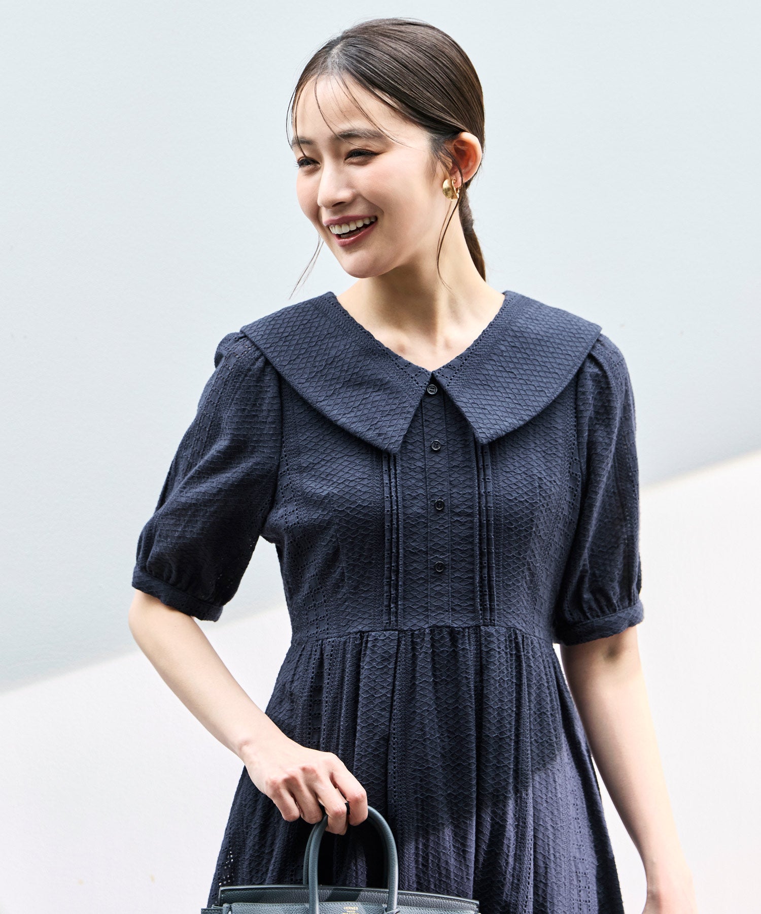 ルイルエブティック RUIRUE BOUTIQUE 洗える ｜ ビッグカラー フレアスカート ワンピース ｜ 夏ワンピース・ロングワンピース・リゾートワンピース・レースワンピース・サマードレス・タックスカート （ブラック） ネイビー