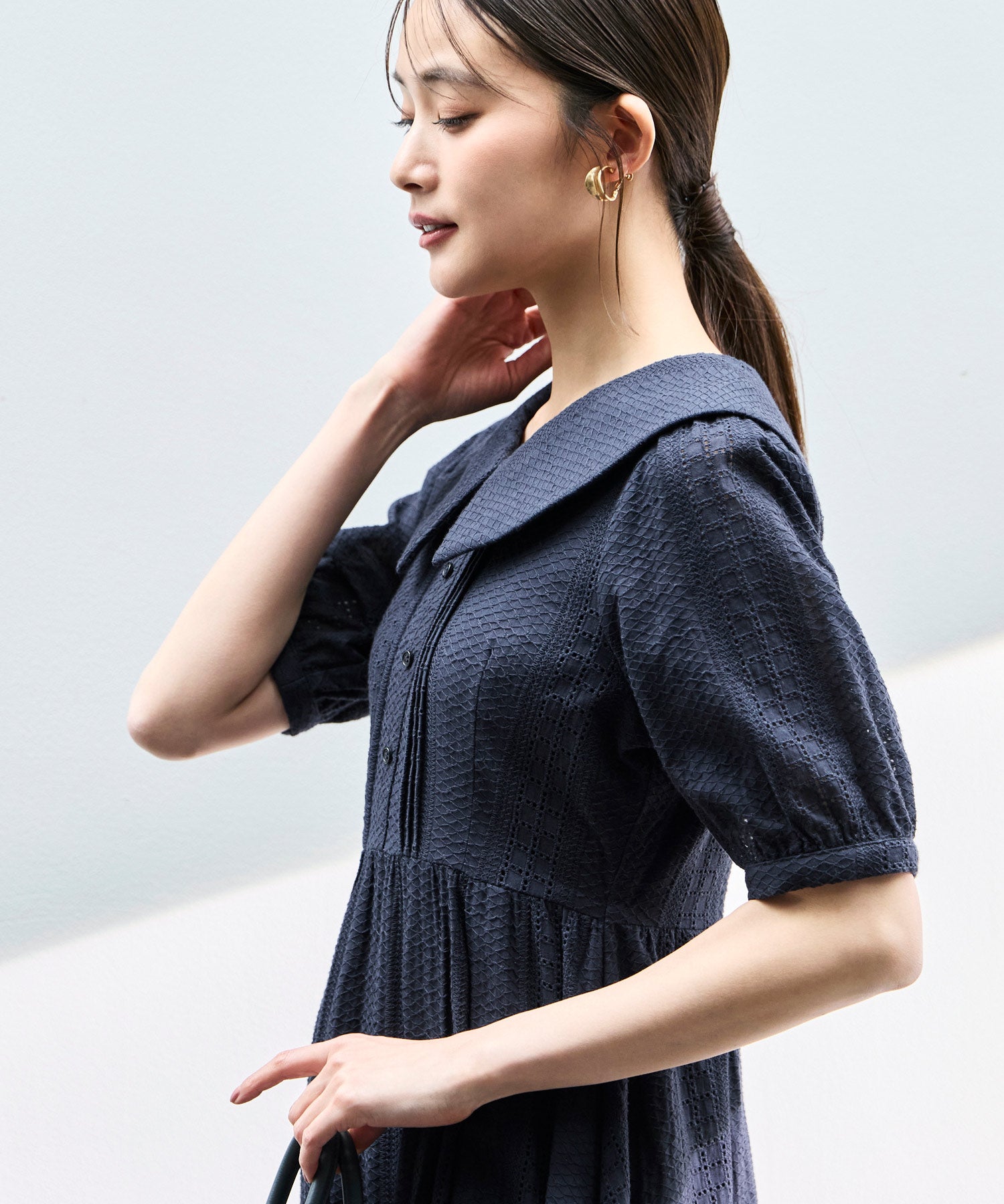 ルイルエブティック RUIRUE BOUTIQUE 洗える ｜ ビッグカラー フレアスカート ワンピース ｜ 夏ワンピース・ロングワンピース・リゾートワンピース・レースワンピース・サマードレス・タックスカート （ブラック） ネイビー