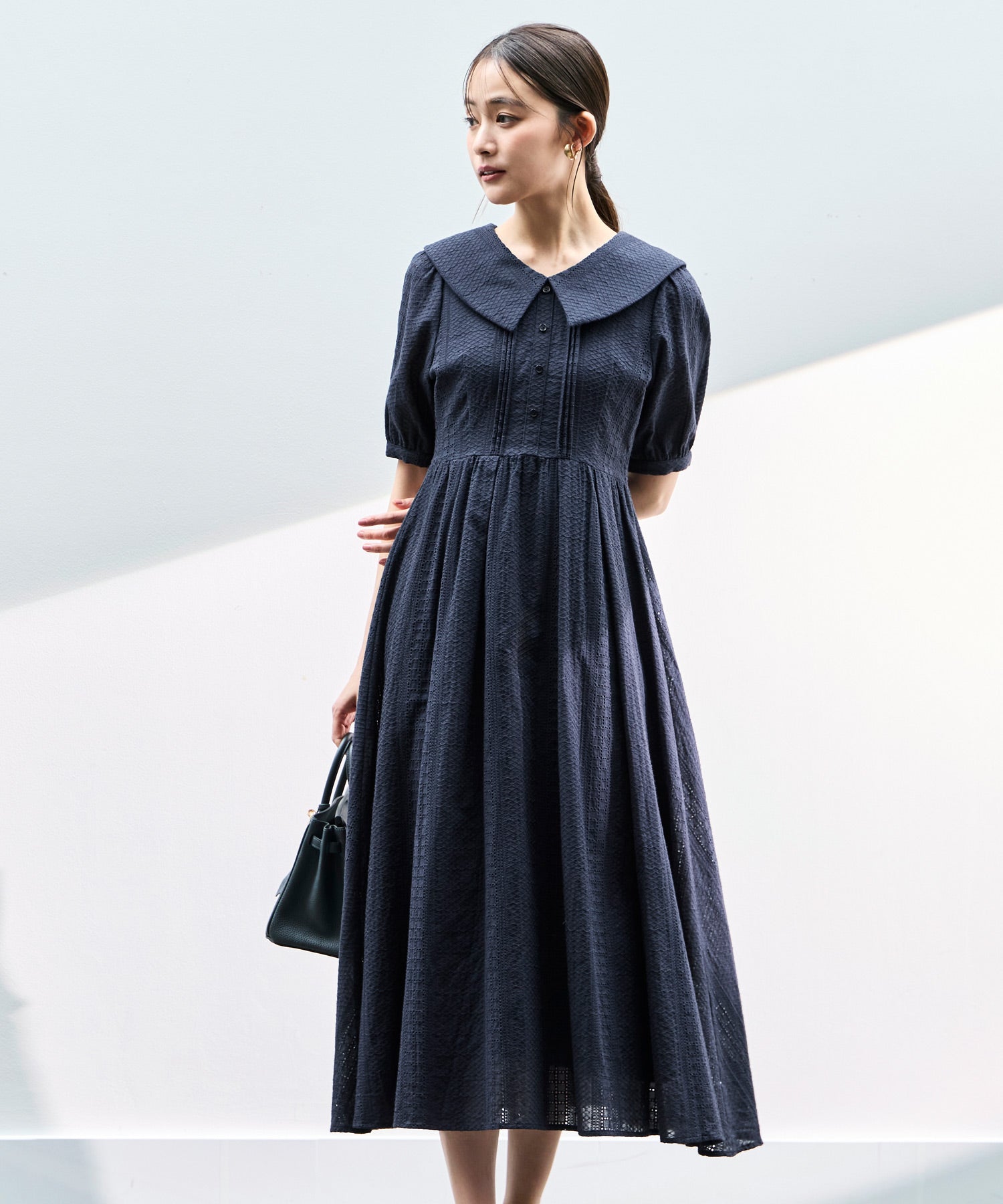 ルイルエブティック RUIRUE BOUTIQUE 洗える ｜ ビッグカラー フレアスカート ワンピース ｜ 夏ワンピース・ロングワンピース・リゾートワンピース・レースワンピース・サマードレス・タックスカート （ブラック） ネイビー