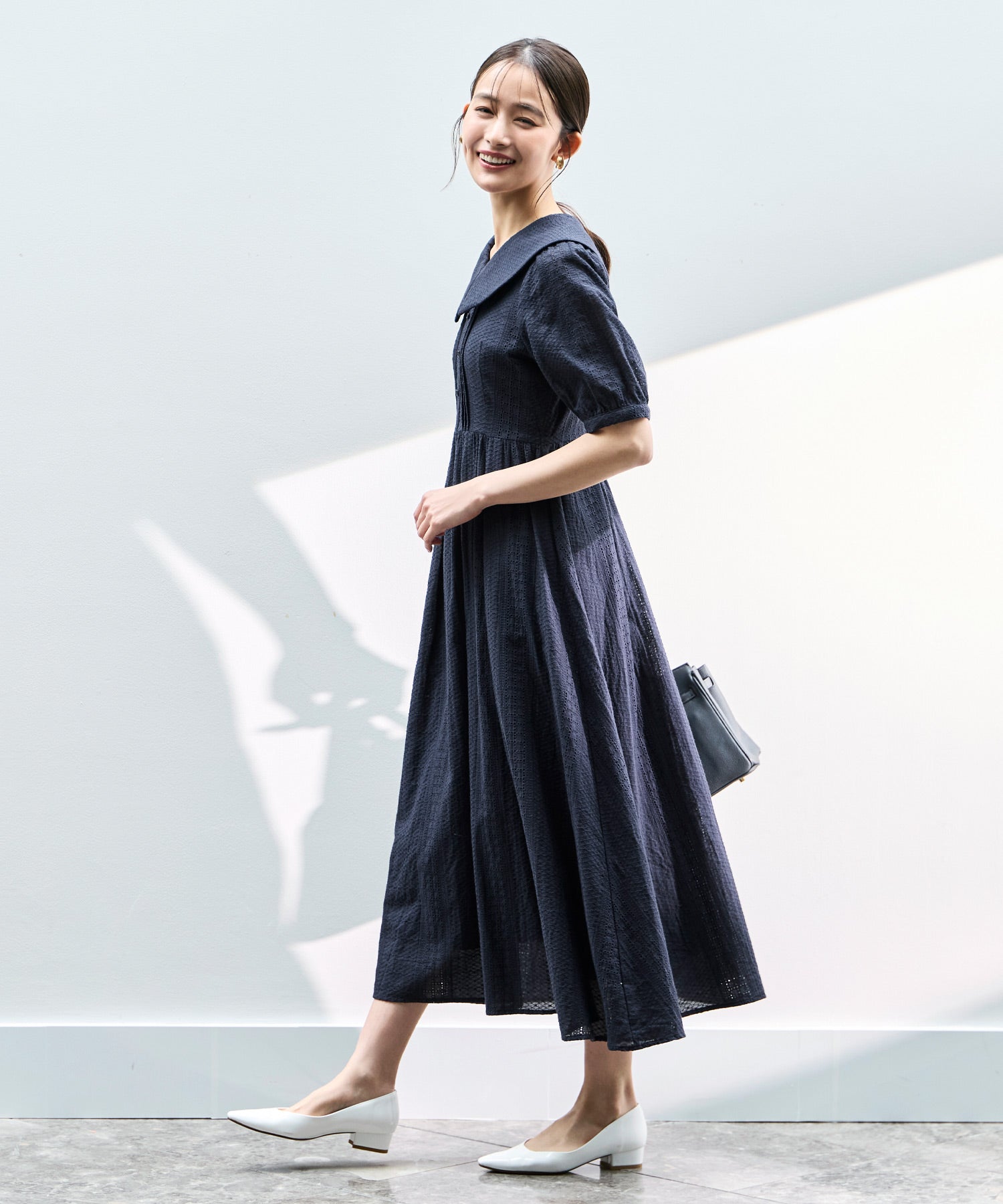 ルイルエブティック RUIRUE BOUTIQUE 洗える ｜ ビッグカラー フレアスカート ワンピース ｜ 夏ワンピース・ロングワンピース・リゾートワンピース・レースワンピース・サマードレス・タックスカート （ブラック） ネイビー