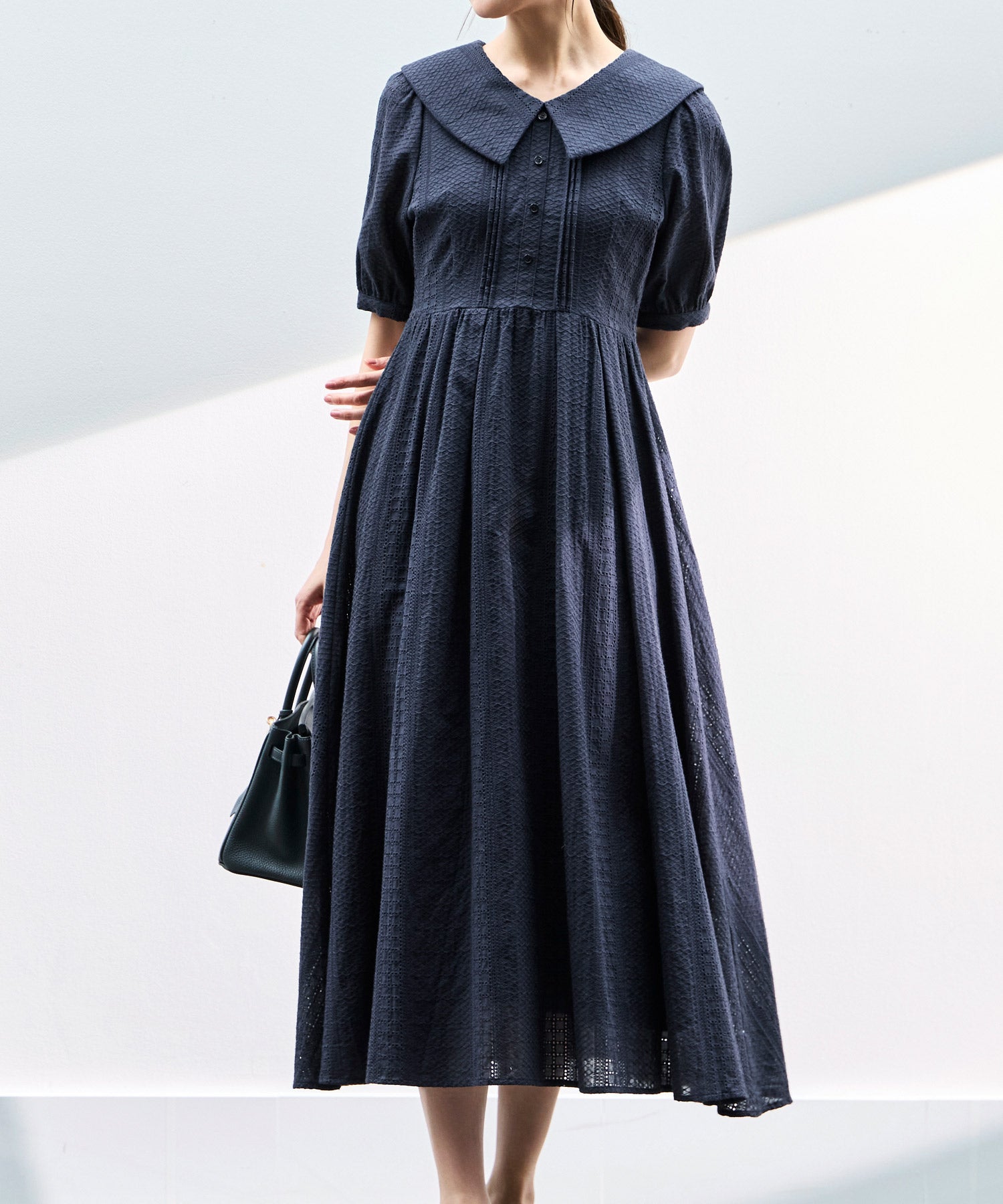 ルイルエブティック RUIRUE BOUTIQUE 洗える ｜ ビッグカラー フレアスカート ワンピース ｜ 夏ワンピース・ロングワンピース・リゾートワンピース・レースワンピース・サマードレス・タックスカート （ブラック） ネイビー