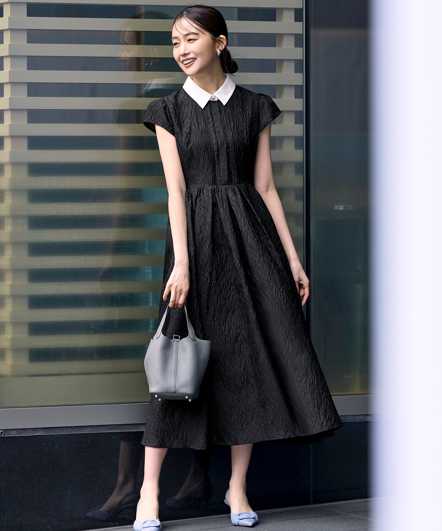 ルイルエブティック RUIRUE BOUTIQUE 洗える ｜ シアー ジャカード フレアワンピース ｜ ワンピース・襟付きワンピース・夏ワンピース・ロングワンピース・リゾートワンピース・デザインワンピース （ブラック） ブラック