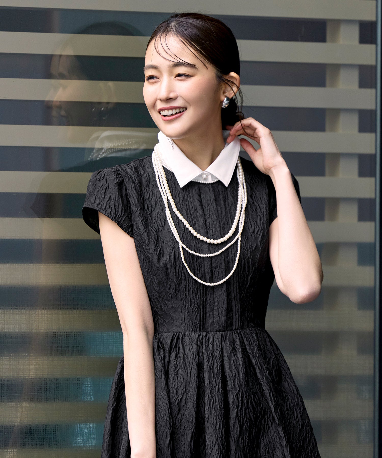 ルイルエブティック RUIRUE BOUTIQUE 洗える ｜ シアー ジャカード フレアワンピース ｜ ワンピース・襟付きワンピース・夏ワンピース・ロングワンピース・リゾートワンピース・デザインワンピース （ブラック） ブラック
