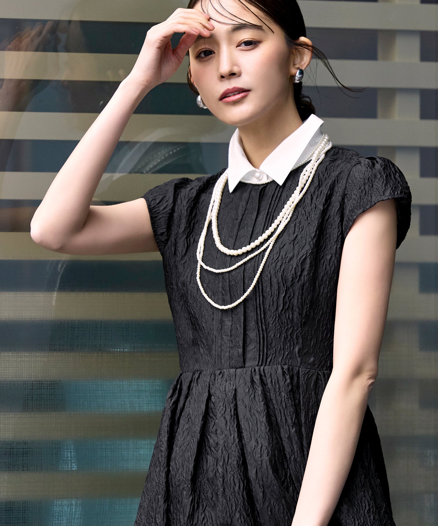 ルイルエブティック RUIRUE BOUTIQUE 洗える ｜ シアー ジャカード フレアワンピース ｜ ワンピース・襟付きワンピース・夏ワンピース・ロングワンピース・リゾートワンピース・デザインワンピース （ブラック） ブラック