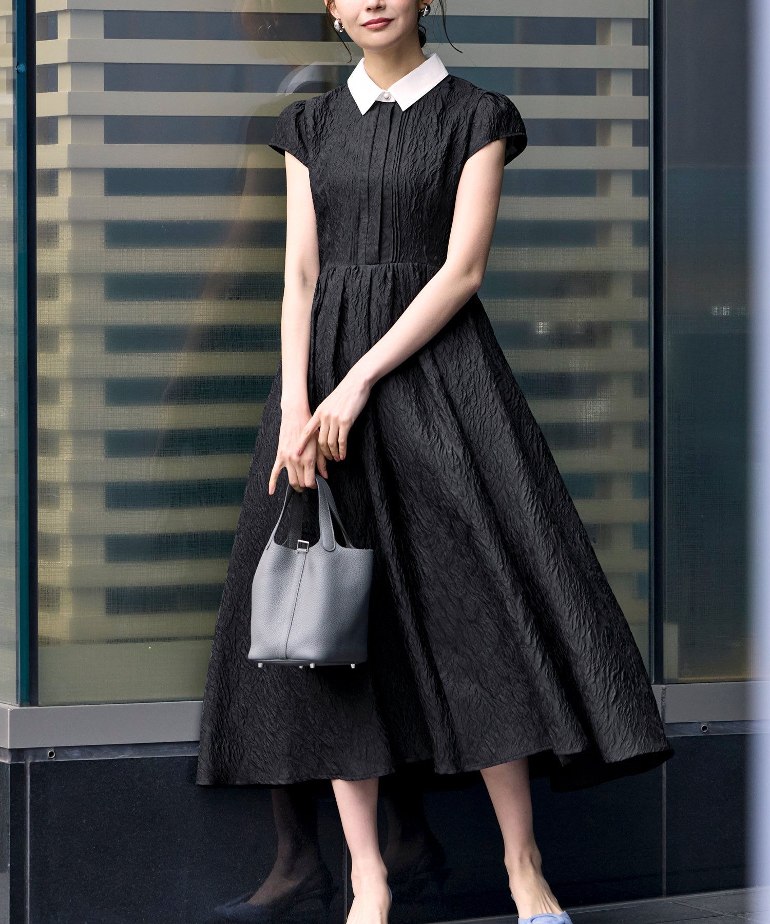 ルイルエブティック RUIRUE BOUTIQUE 洗える ｜ シアー ジャカード フレアワンピース ｜ ワンピース・襟付きワンピース・夏ワンピース・ロングワンピース・リゾートワンピース・デザインワンピース （ブラック） ブラック
