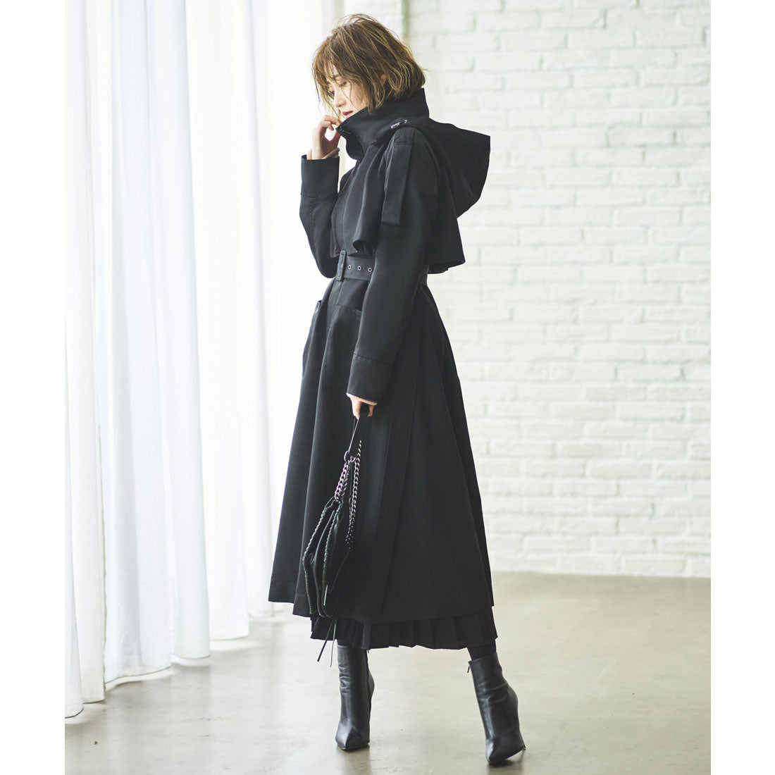 2wayフードロングトレンチコート,ブラック
