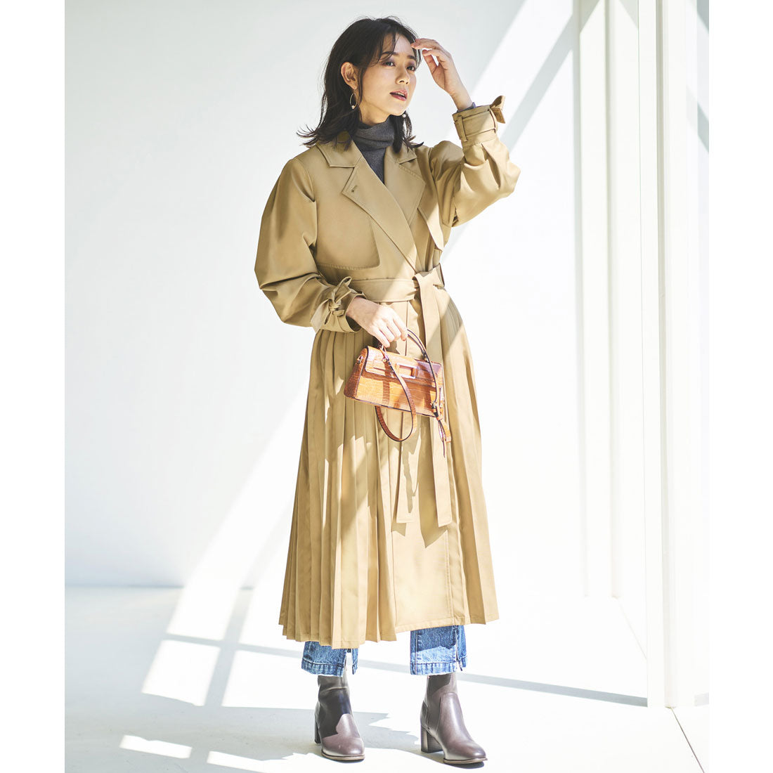 ルイルエブティック RUIRUE BOUTIQUE パワーパフスリーブ プリーツトレンチコート,ベージュ