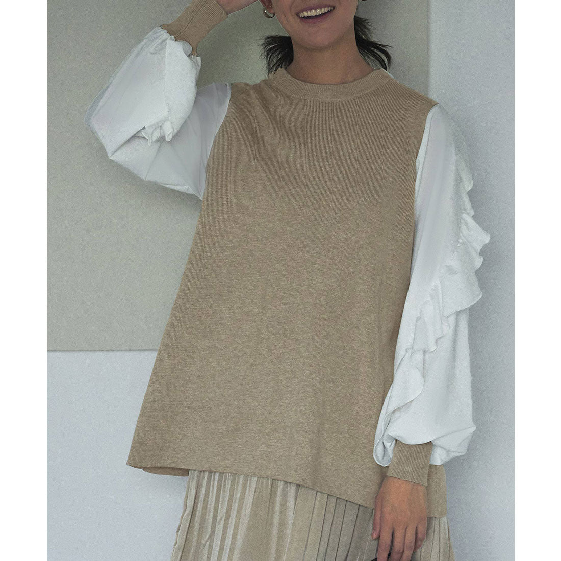 ルイルエブティック RUIRUE BOUTIQUE フリルスリーブプルオーバーニット,杢ベージュ×オフ