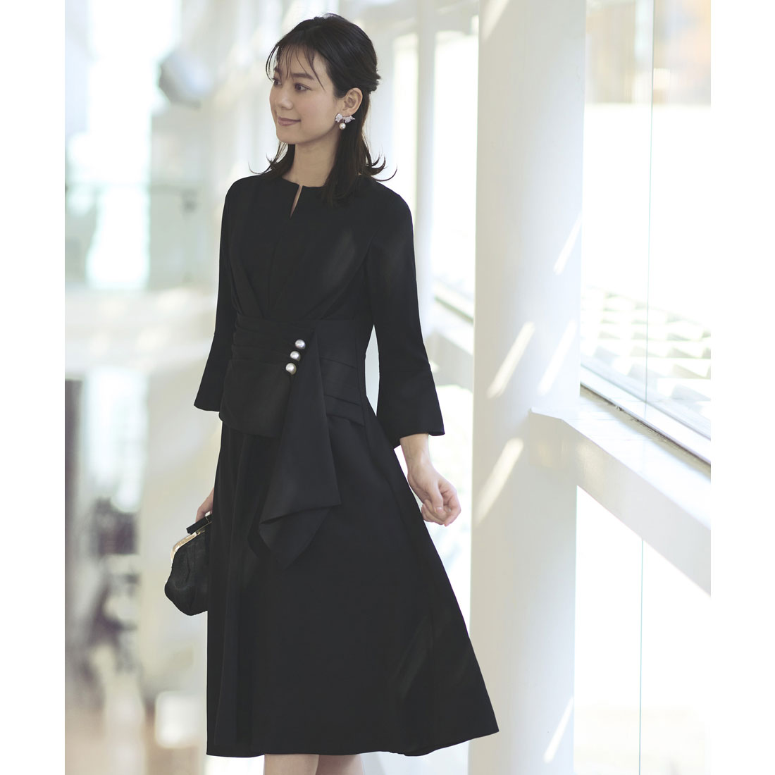 ルイルエブティック RUIRUE BOUTIQUE ウエストパールフレアワンピース 結婚式 パーティー ドレス （ブラック） ブラック