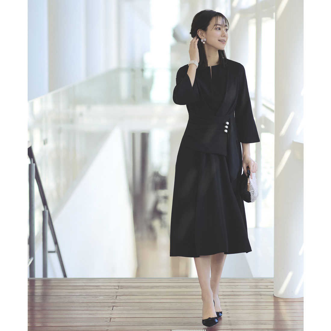 ルイルエブティック RUIRUE BOUTIQUE ウエストパールフレアワンピース 結婚式 パーティー ドレス （ブラック） ブラック