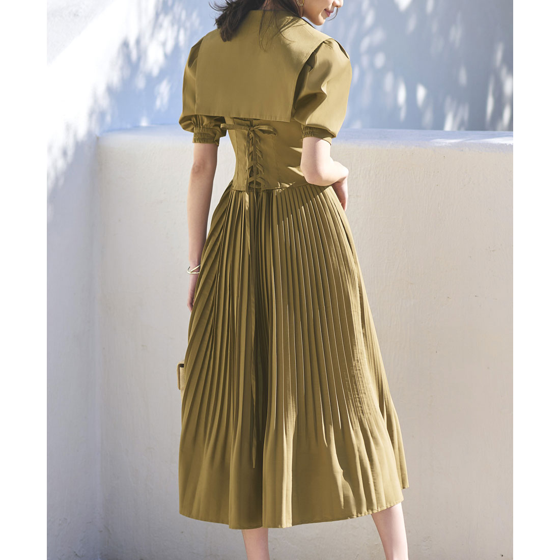 ルイルエブティック RUIRUE BOUTIQUE ビッグカラーティアードプリーツワンピース,カーキ