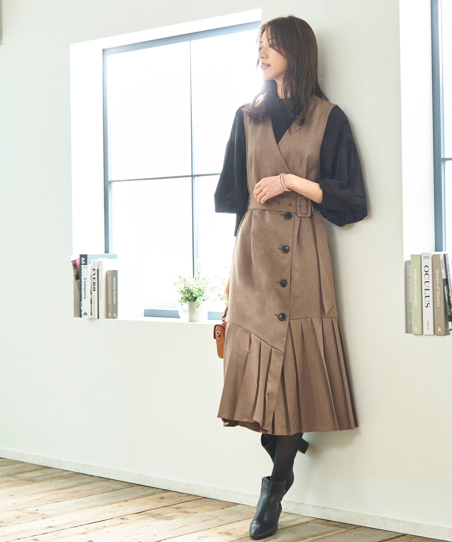 ルイルエブティック RUIRUE BOUTIQUE マルチwaySTYLE タックブラウス＆プリーツヘムワンピース （ブラック×杢ブラウン） ブラック×杢ブラウン