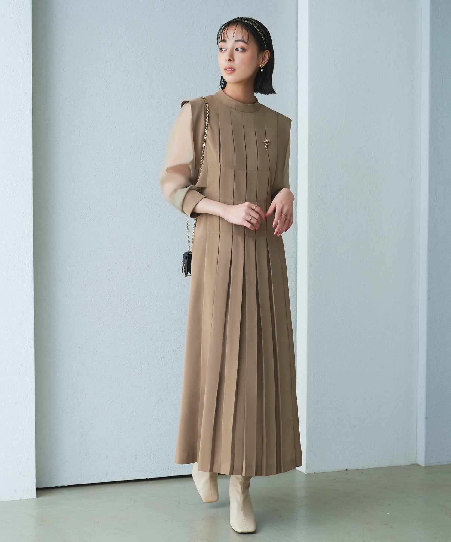 ルイルエブティック RUIRUE BOUTIQUE 【オケージョンドレス/結婚式】シアースリーブプリーツロングワンピース 披露宴 二次会 お呼ばれ フォーマル パーティードレス ロング丈 長袖 体型カバー 20代 30代 美脚効果 （ブラウン） ブラウン