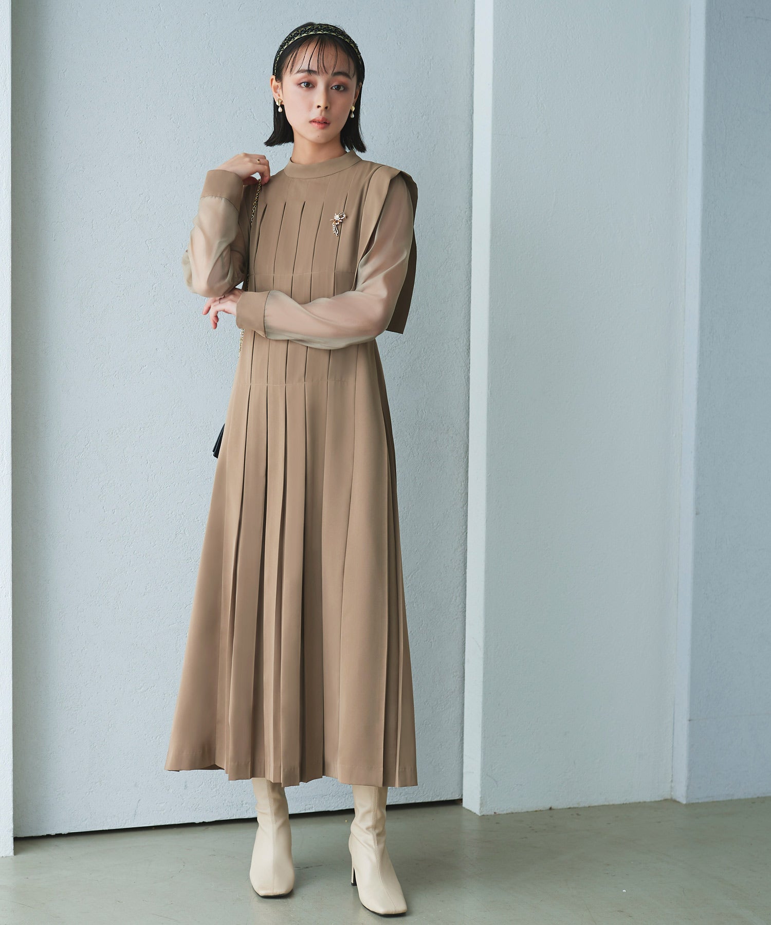 ルイルエブティック RUIRUE BOUTIQUE 【オケージョンドレス/結婚式】シアースリーブプリーツロングワンピース 披露宴 二次会 お呼ばれ フォーマル パーティードレス ロング丈 長袖 体型カバー 20代 30代 美脚効果 （ブラウン） ブラウン