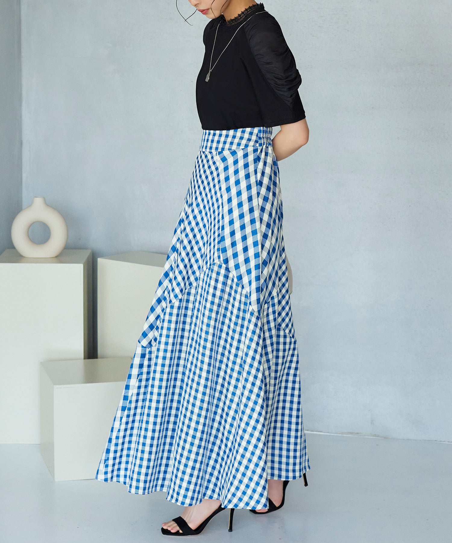 RUIRUE BOUTIQUE Mixed Gingham Check Flared Skirt