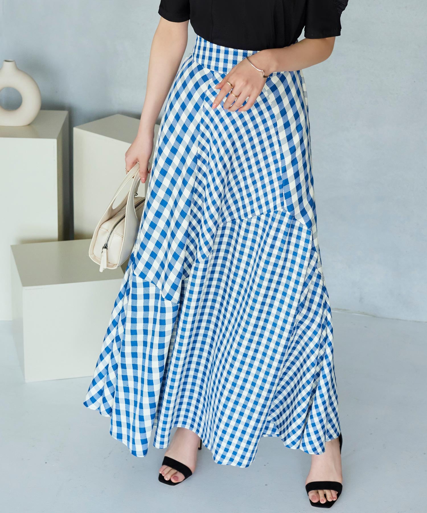 RUIRUE BOUTIQUE Mixed Gingham Check Flared Skirt