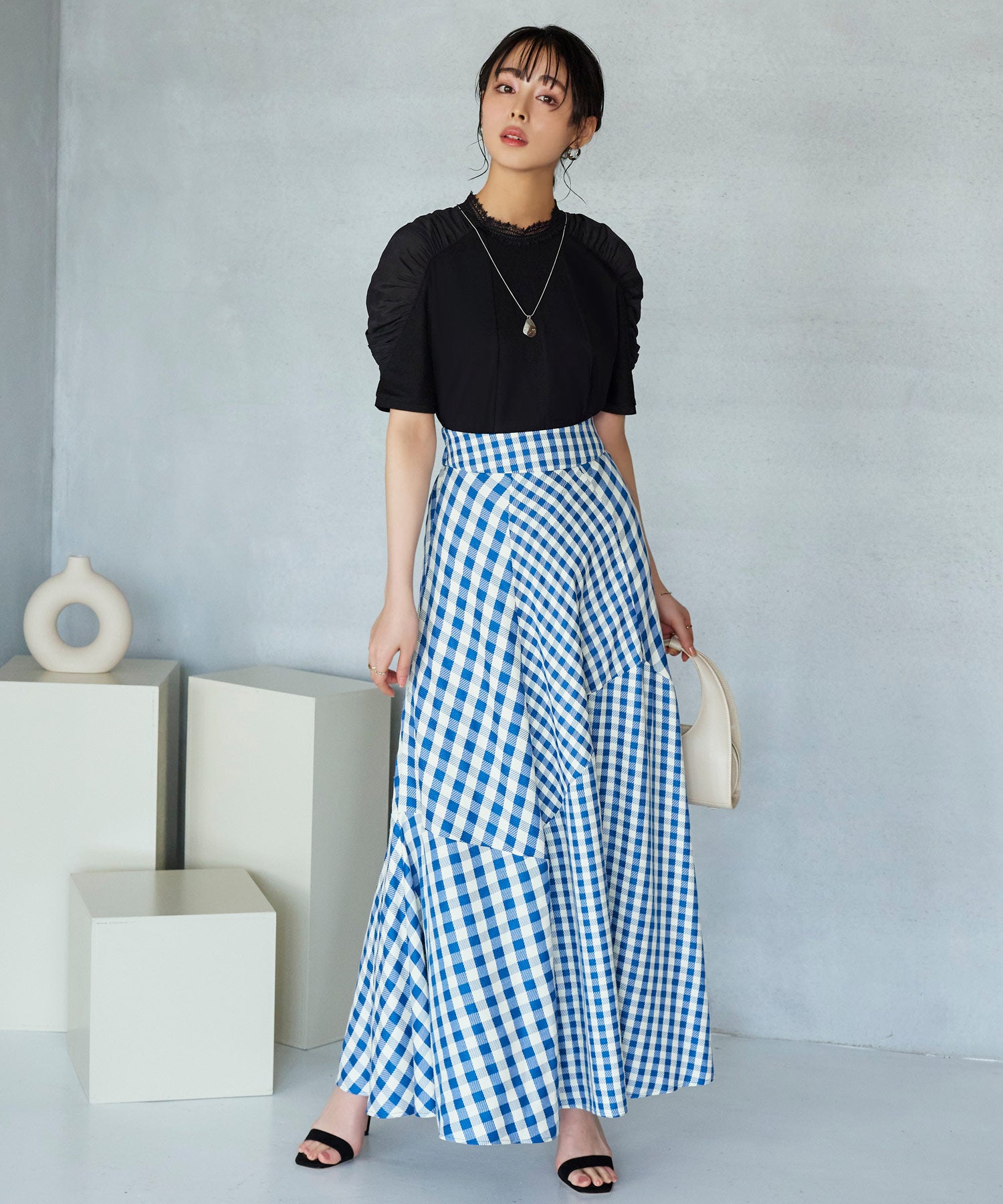 RUIRUE BOUTIQUE Mixed Gingham Check Flared Skirt