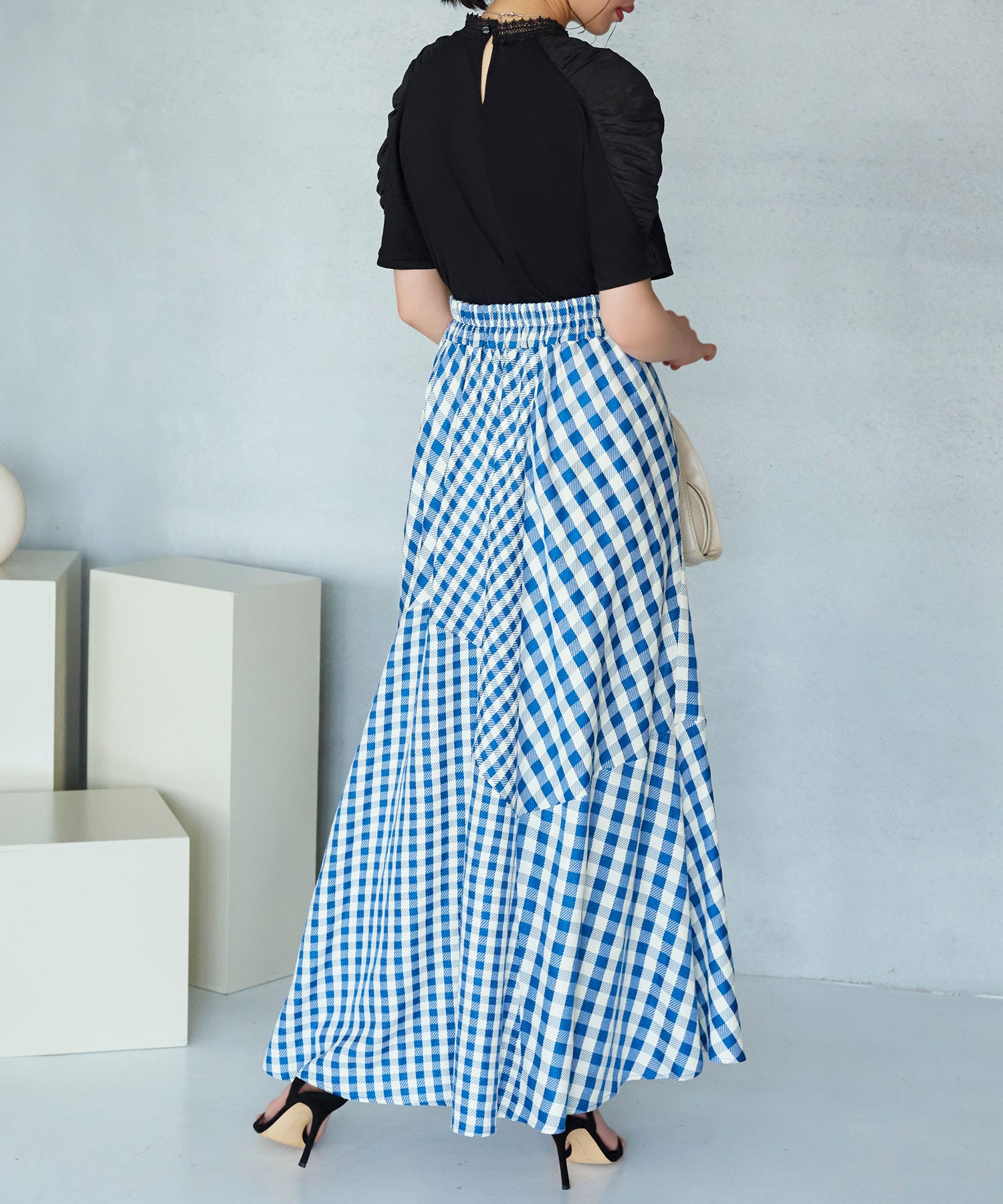RUIRUE BOUTIQUE Mixed Gingham Check Flared Skirt