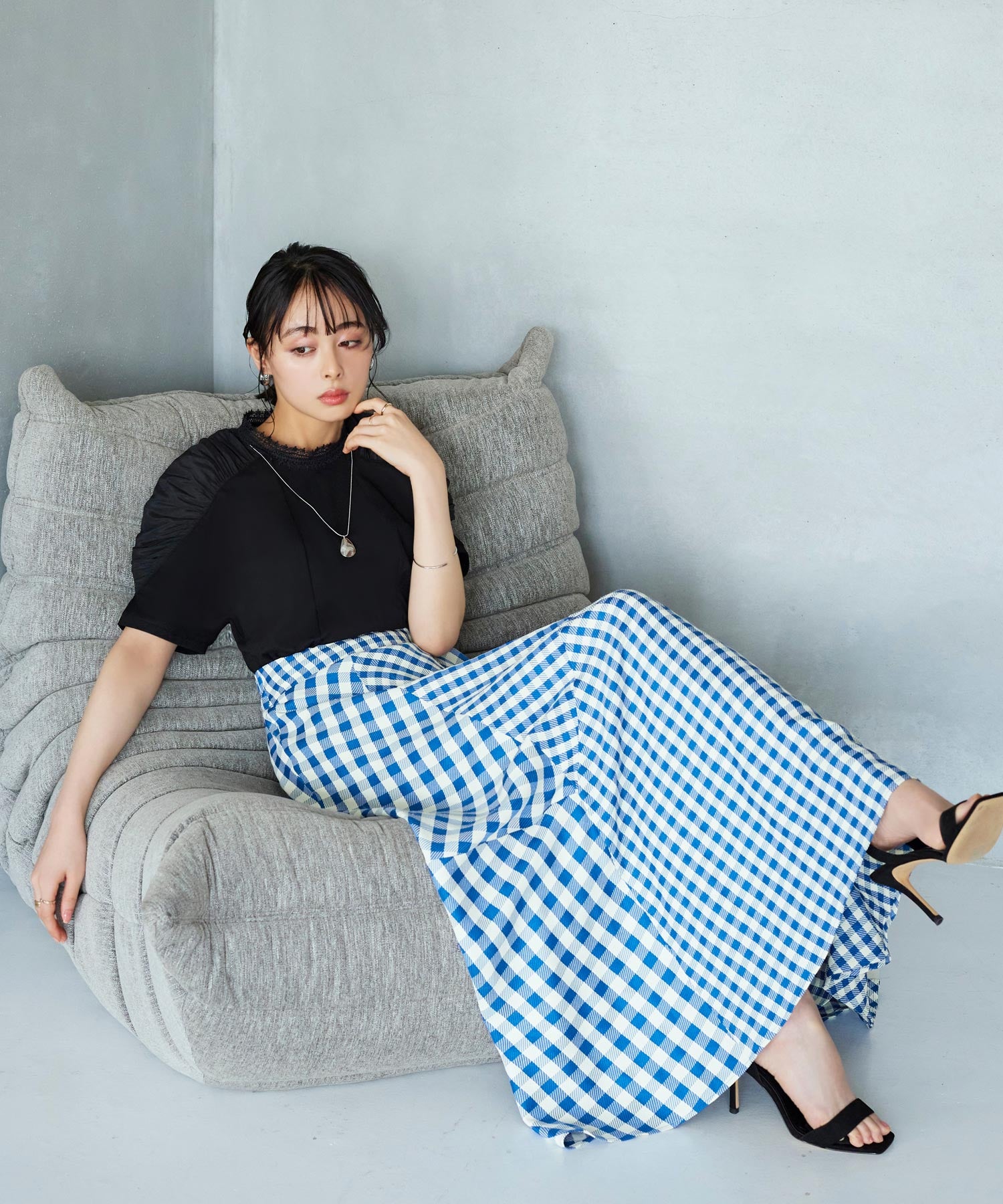 RUIRUE BOUTIQUE Mixed Gingham Check Flared Skirt