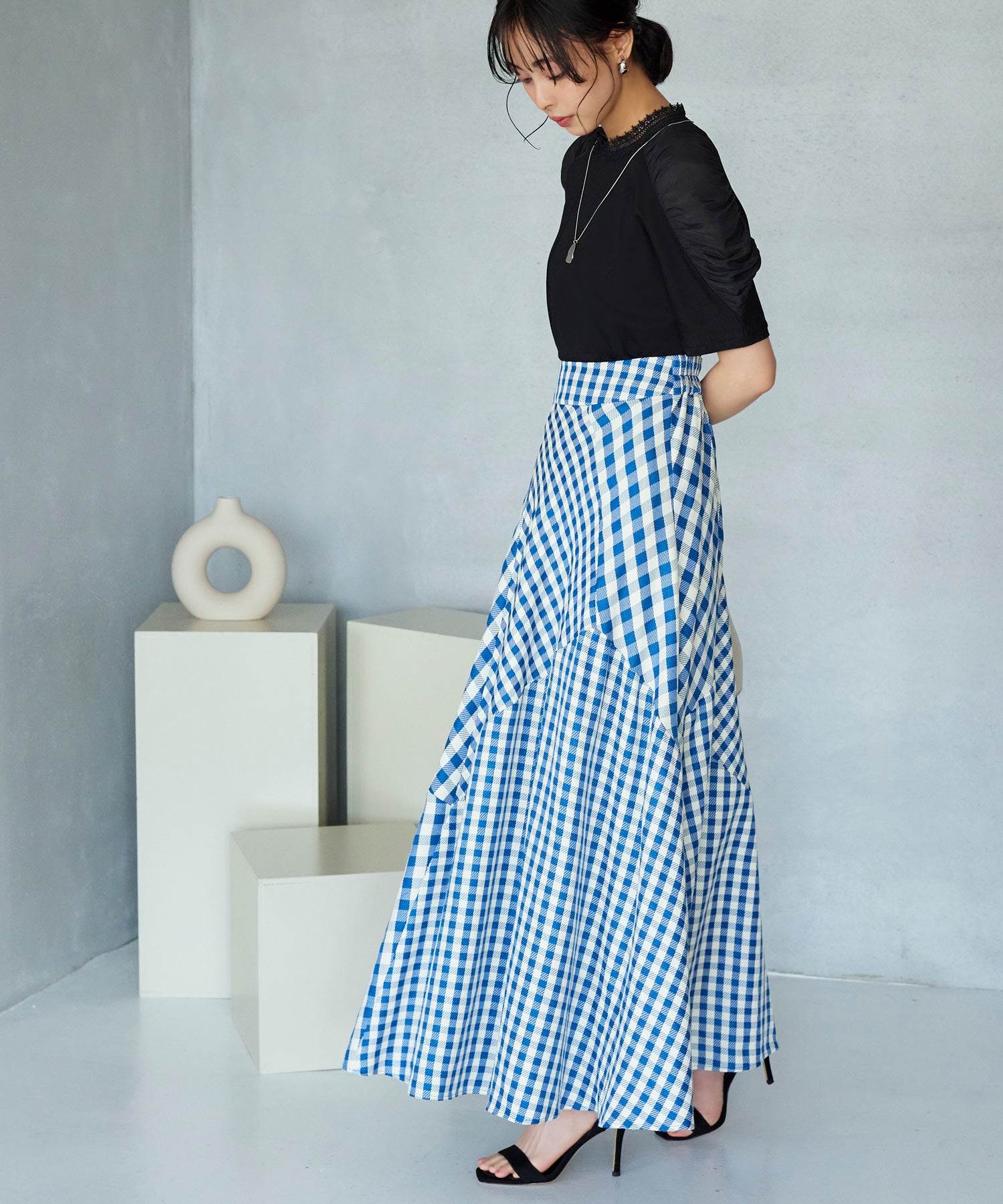 RUIRUE BOUTIQUE Mixed Gingham Check Flared Skirt