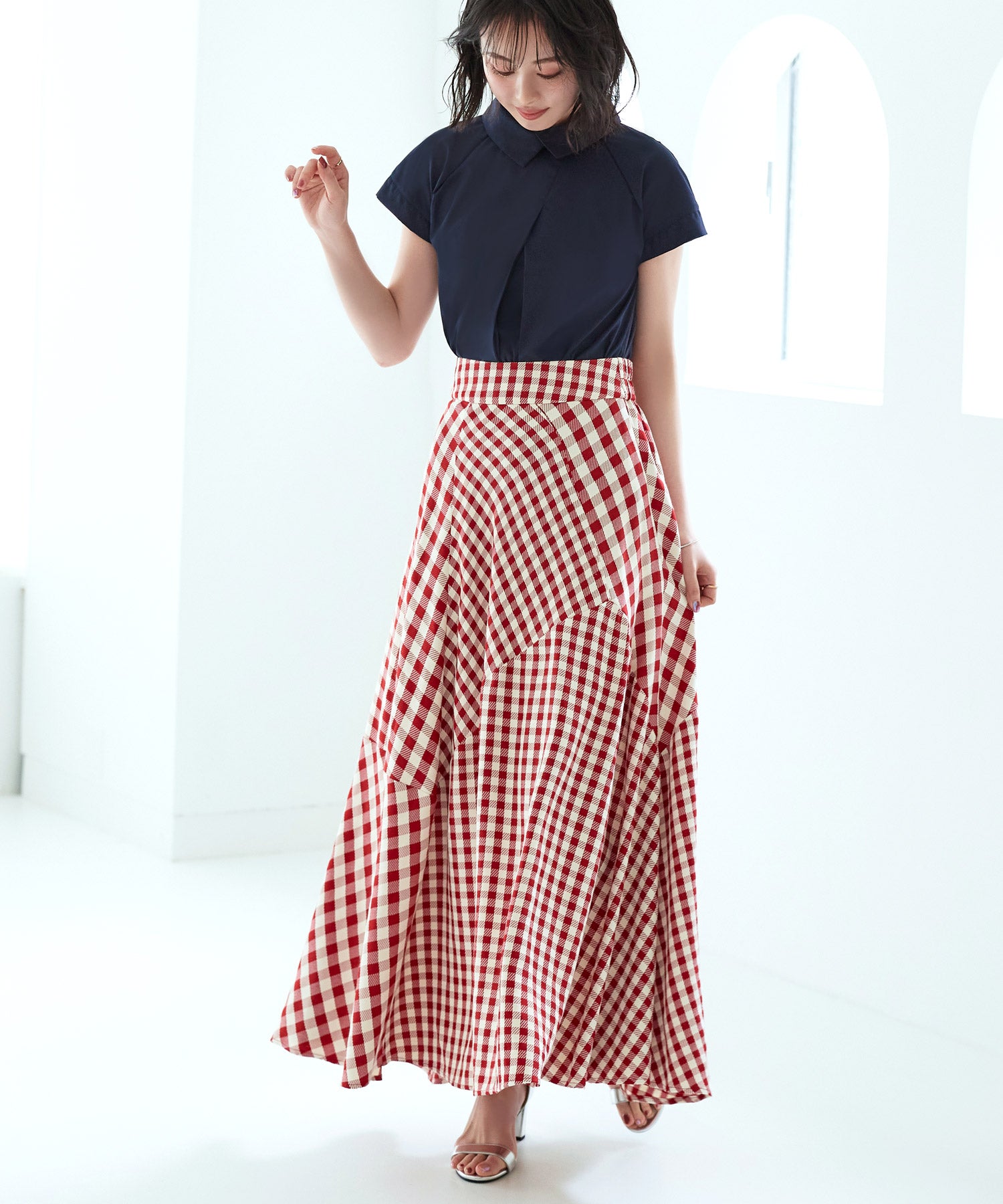 RUIRUE BOUTIQUE Mixed Gingham Check Flared Skirt