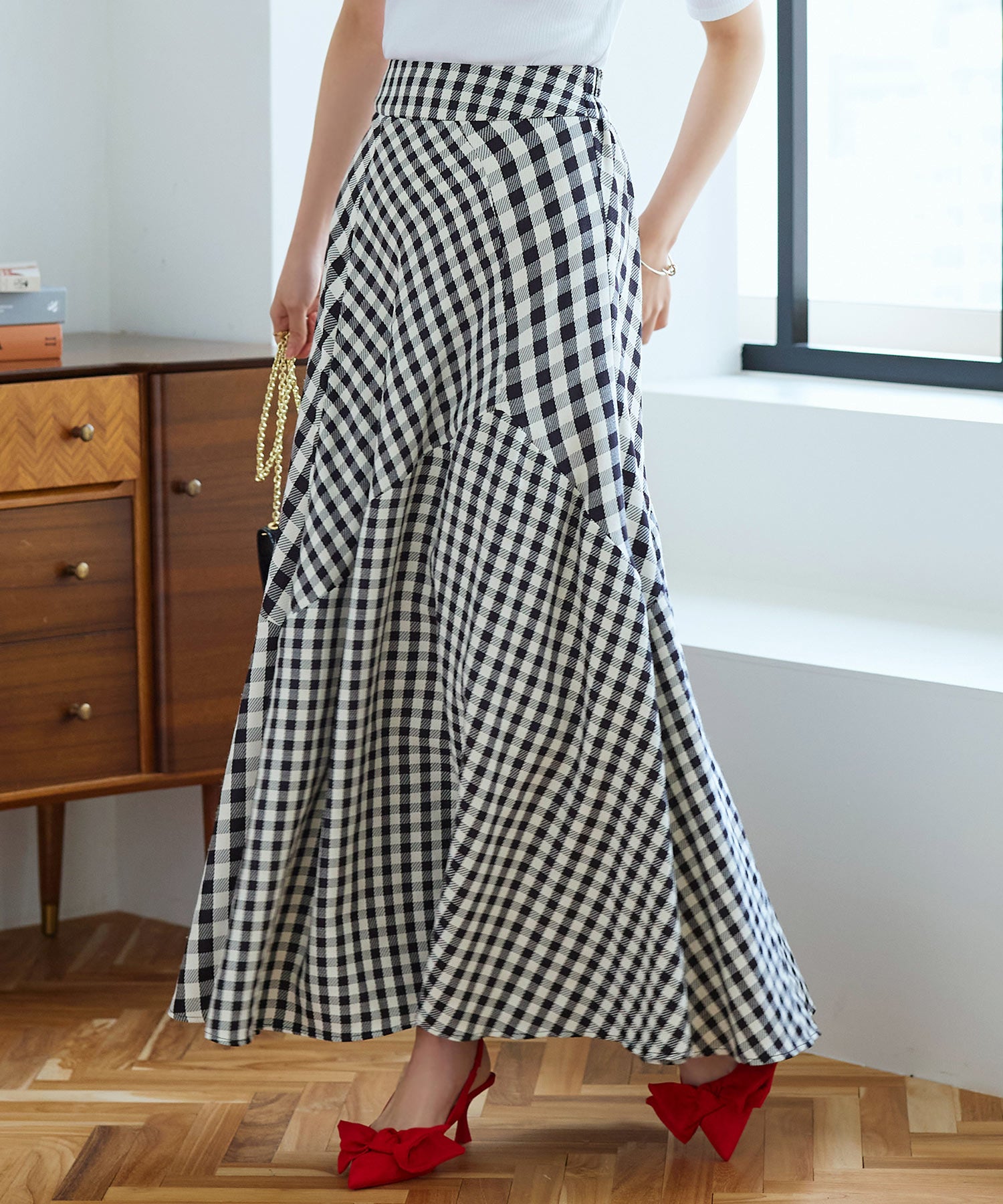 RUIRUE BOUTIQUE Mixed Gingham Check Flared Skirt