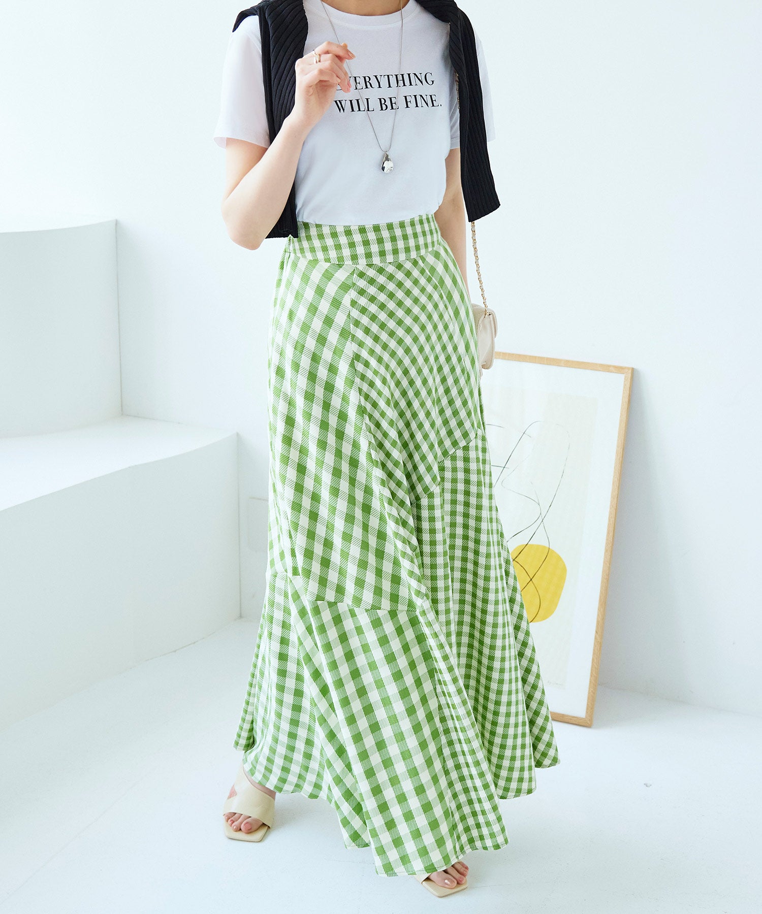 RUIRUE BOUTIQUE Mixed Gingham Check Flared Skirt