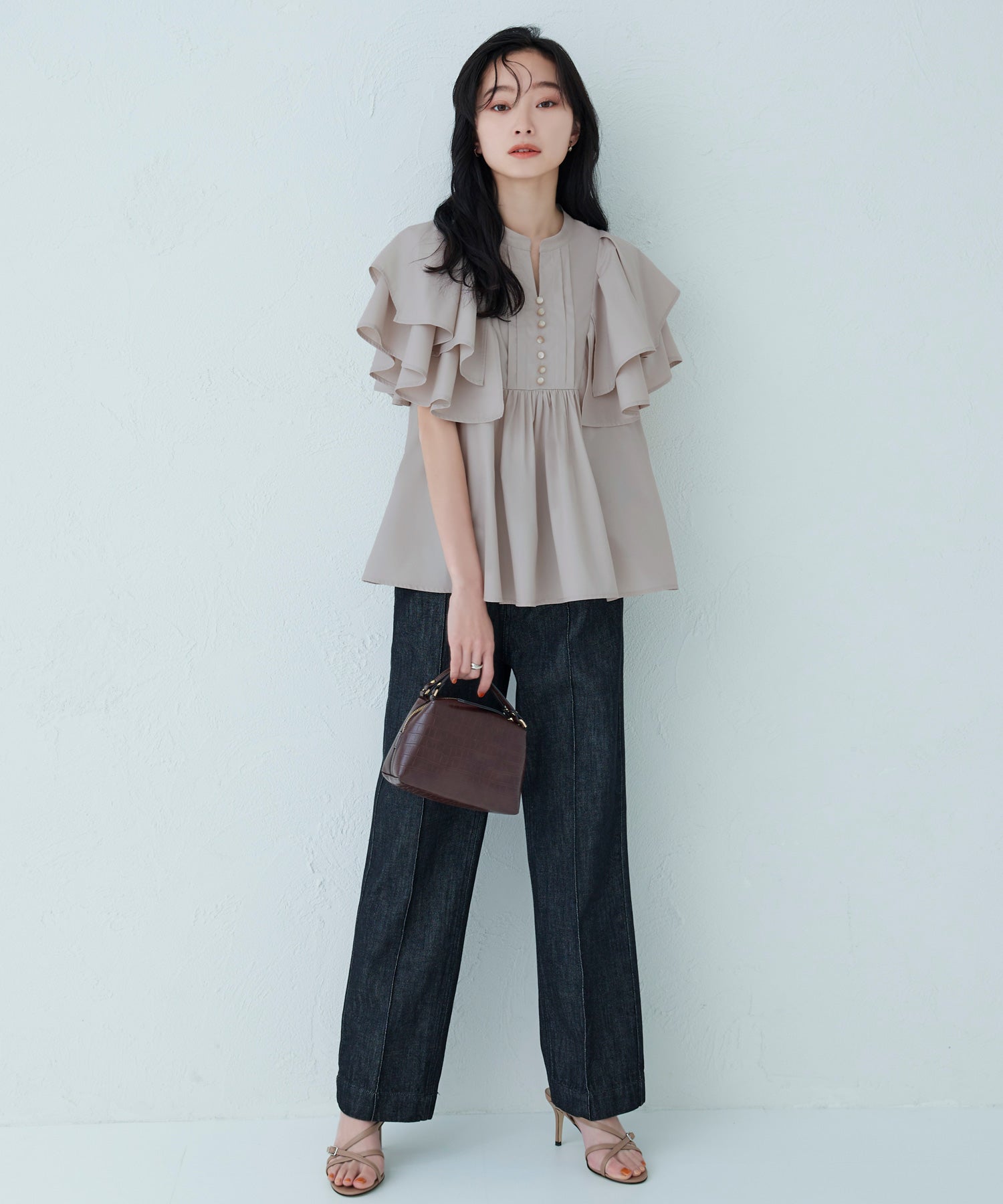 ルイルエブティック RUIRUE BOUTIQUE レイヤードケープ・キーネックブラウス ｜ 半袖 キーネック トップス 体型カバー オフィスカジュアル ボリュームスリーブ レイヤード ケープ 通勤服 華やか ブラウス （グレージュ） グレージュ