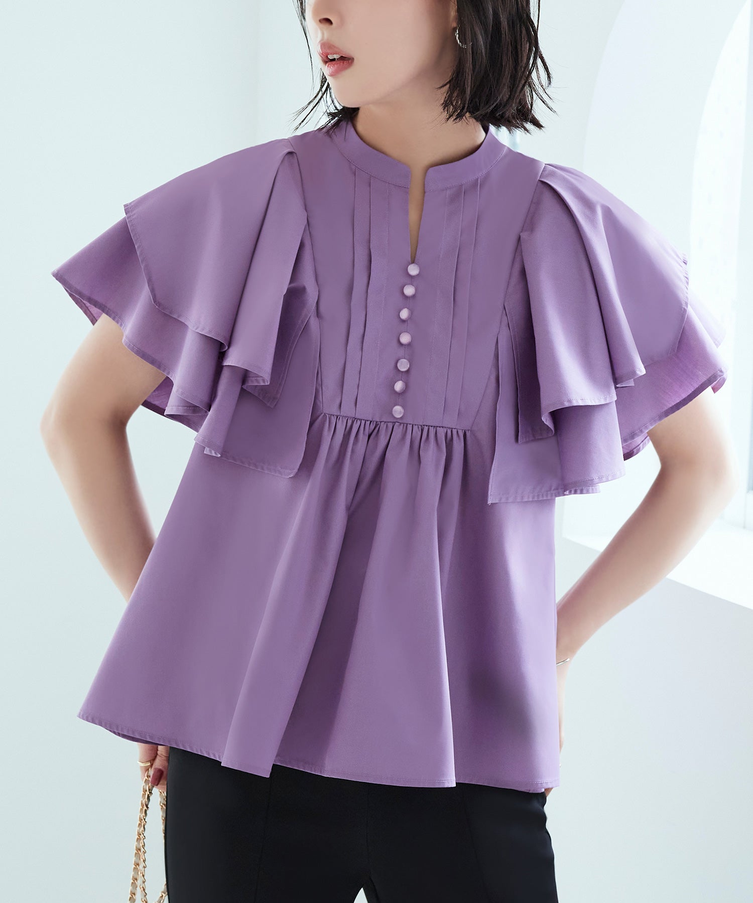 ルイルエブティック RUIRUE BOUTIQUE レイヤードケープ・キーネックブラウス ｜ 半袖 キーネック トップス 体型カバー オフィスカジュアル ボリュームスリーブ レイヤード ケープ 通勤服 華やか ブラウス （パープル） パープル