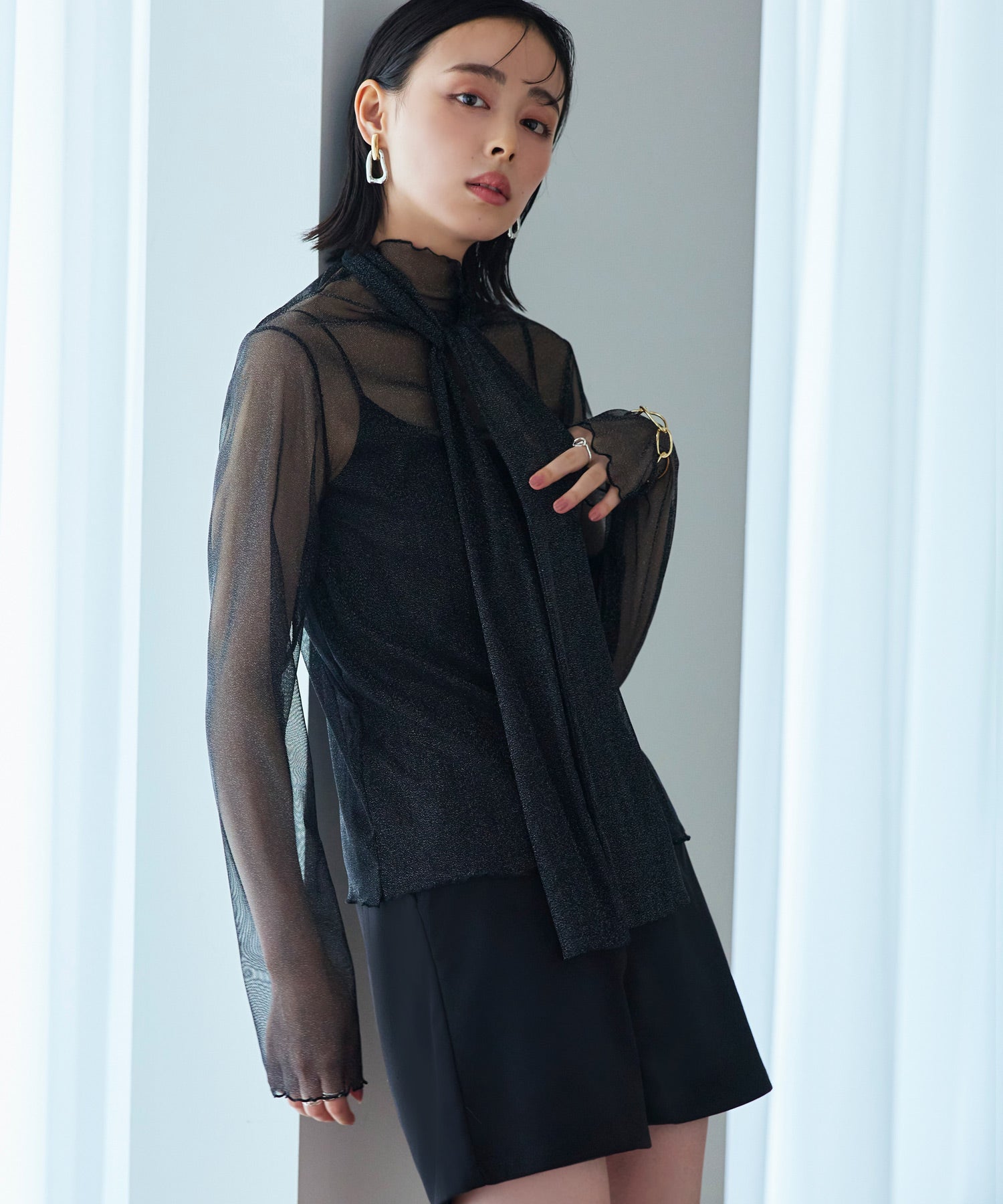 ルイルエブティック RUIRUE BOUTIQUE 洗える ストレッチ ｜ 肌見せデザイン ラメチュール シアートップス（ボウタイ付き） ｜ 長袖 ハイネック トップス 体型カバー オフィスカジュアル 通勤服 華やか シアー ボウタイ トップス （ブラック） ブラック