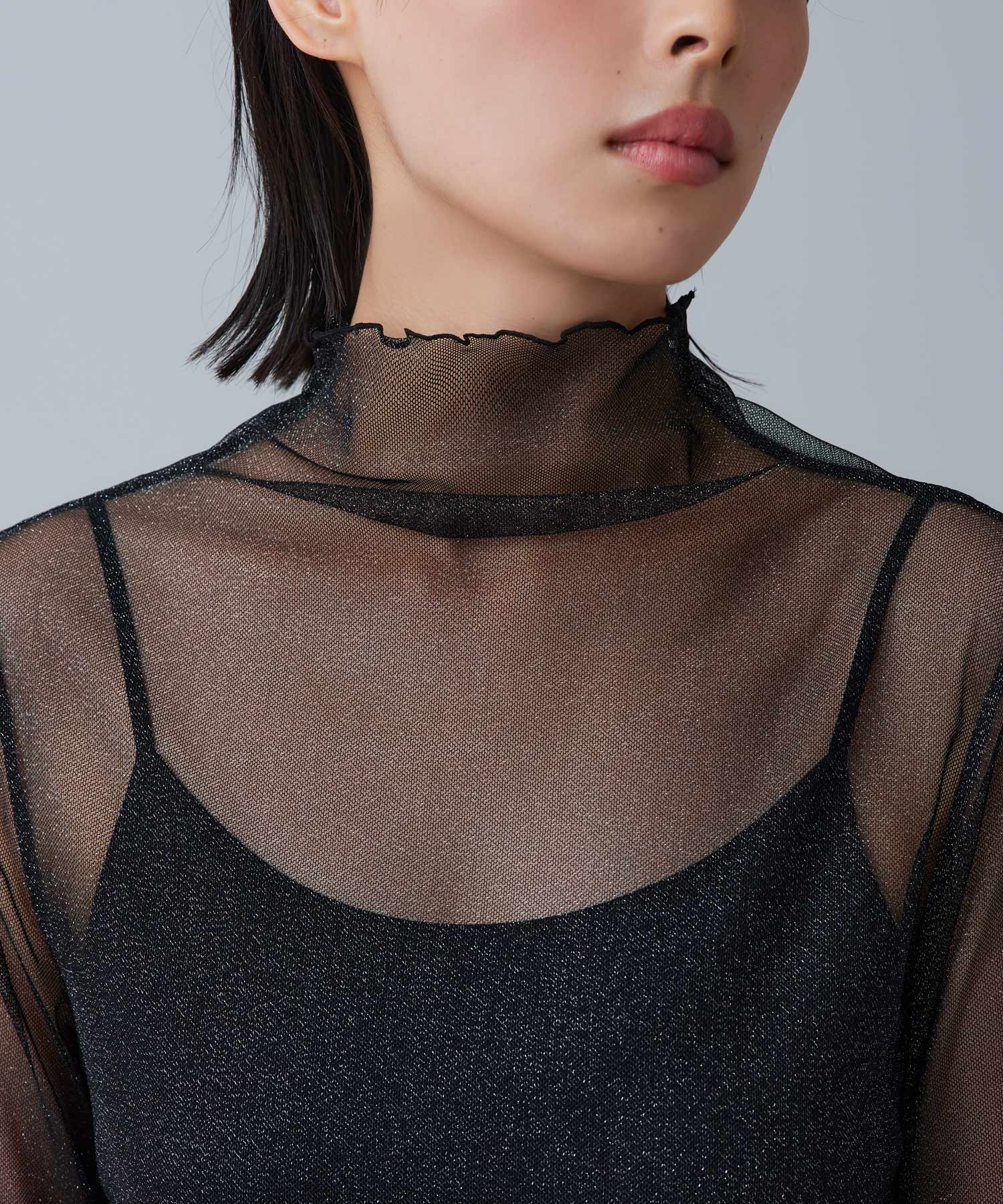 ルイルエブティック RUIRUE BOUTIQUE 洗える ストレッチ ｜ 肌見せデザイン ラメチュール シアートップス（ボウタイ付き） ｜ 長袖 ハイネック トップス 体型カバー オフィスカジュアル 通勤服 華やか シアー ボウタイ トップス （ブラック） ブラック