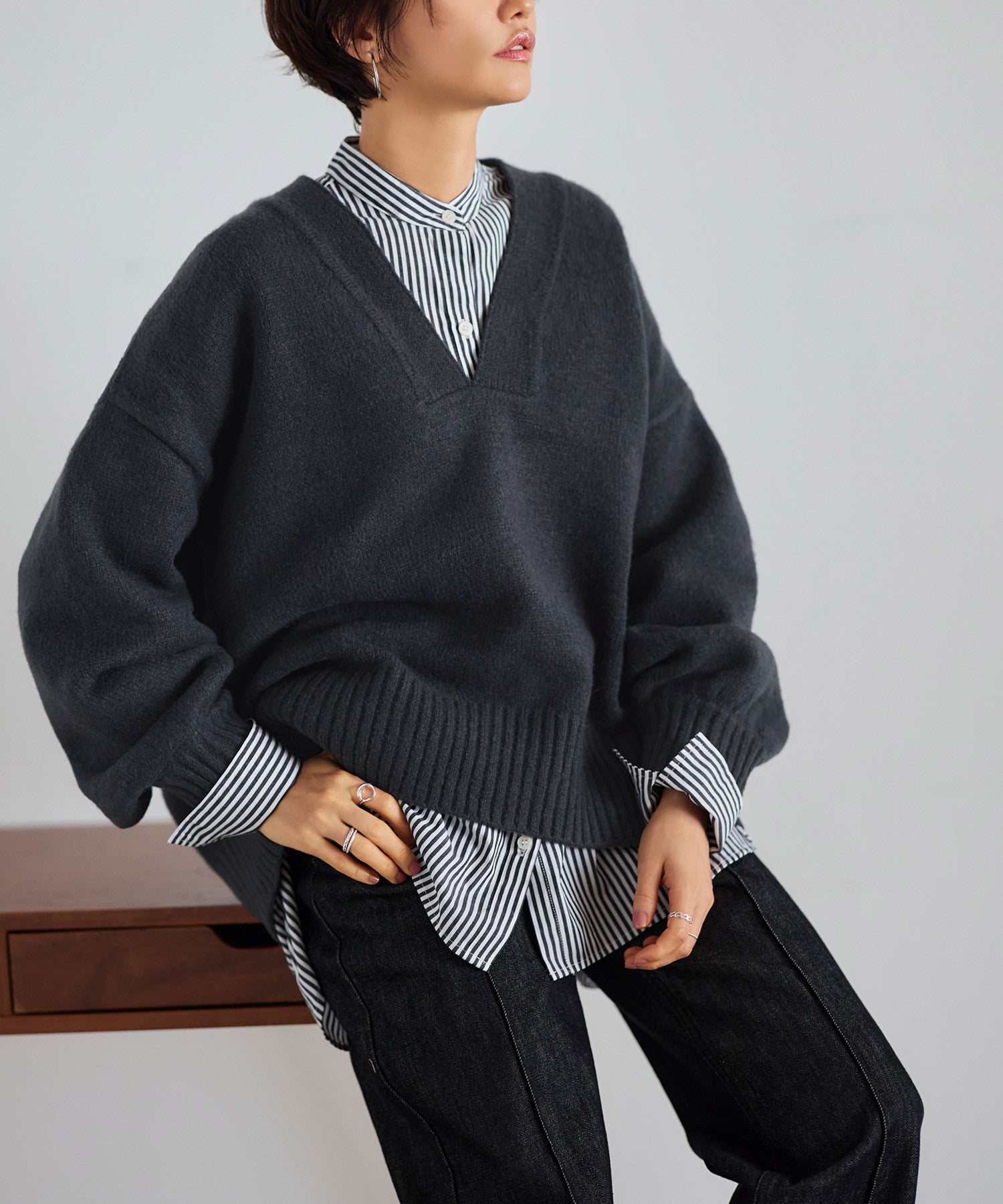 ルイルエブティック RUIRUE BOUTIQUE ストライプオーバーサイズ長袖シャツ （オフ×ブラック） オフ×ブラック