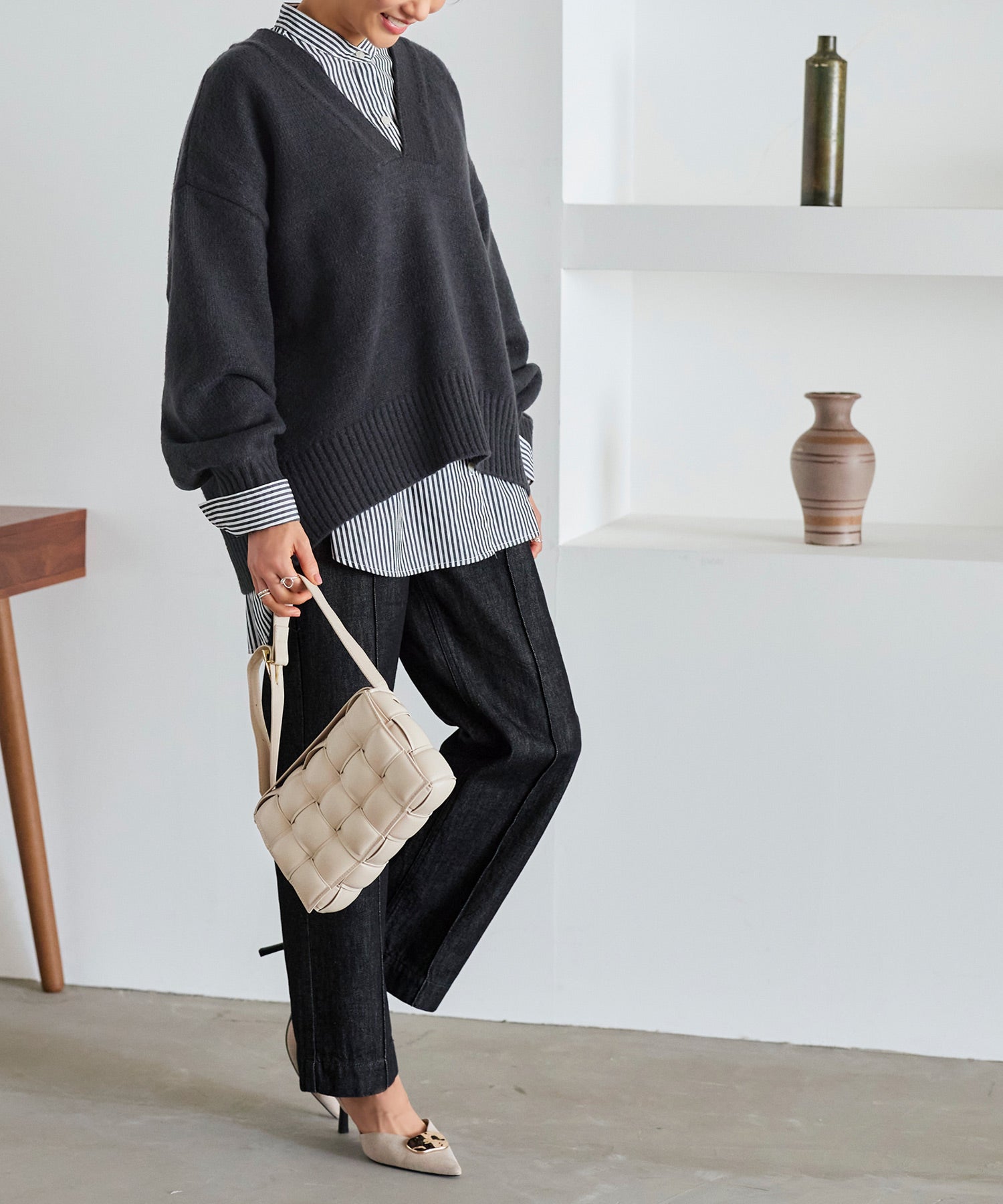 ルイルエブティック RUIRUE BOUTIQUE ストライプオーバーサイズ長袖シャツ （オフ×ブラック） オフ×ブラック