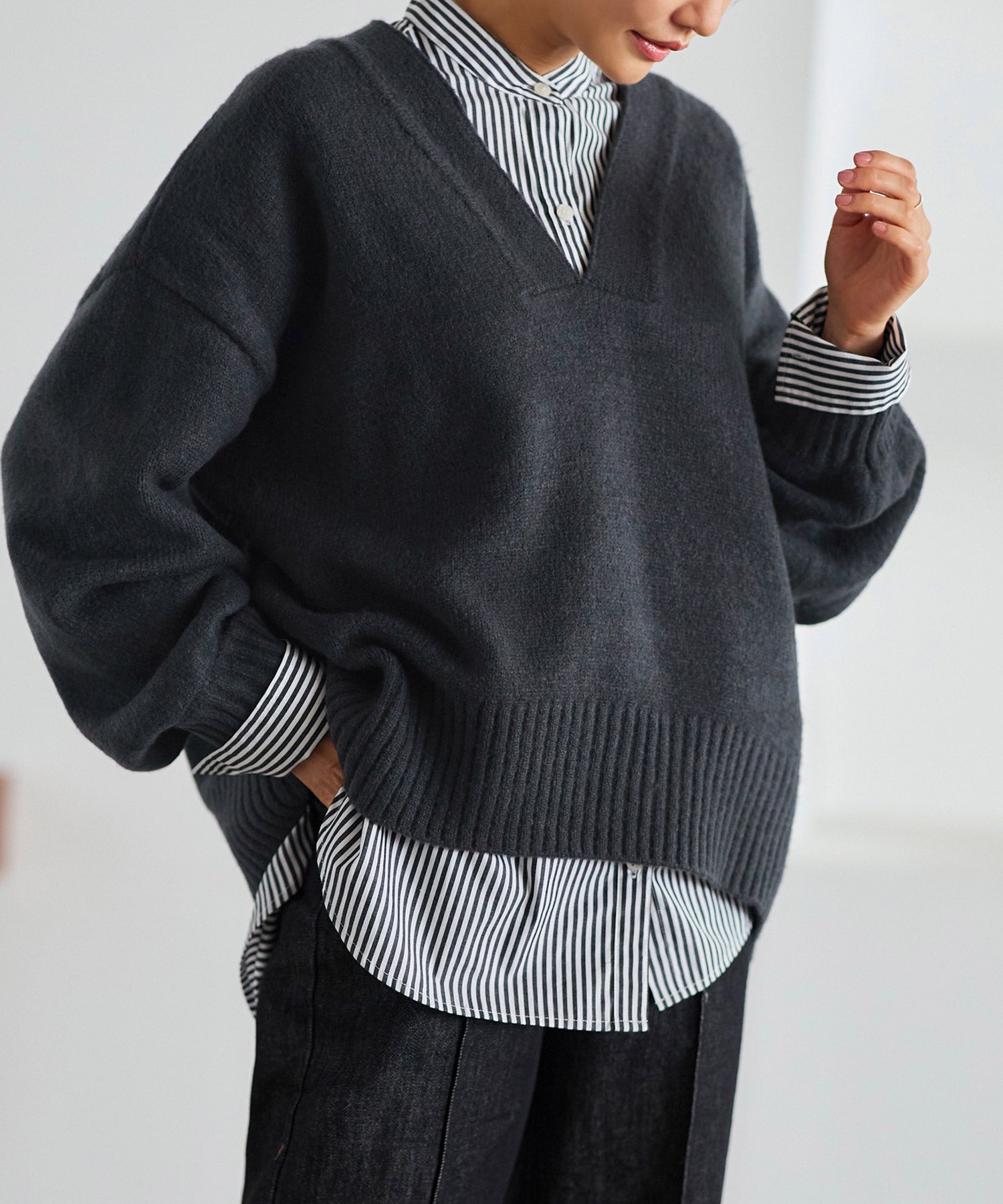 ルイルエブティック RUIRUE BOUTIQUE ストライプオーバーサイズ長袖シャツ （オフ×ブラック） オフ×ブラック