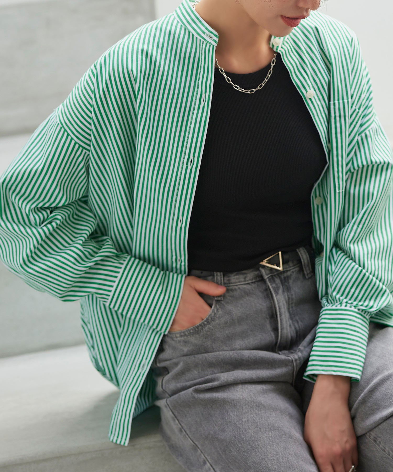 ルイルエブティック RUIRUE BOUTIQUE ストライプオーバーサイズ長袖シャツ （オフ×グリーン） オフ×グリーン