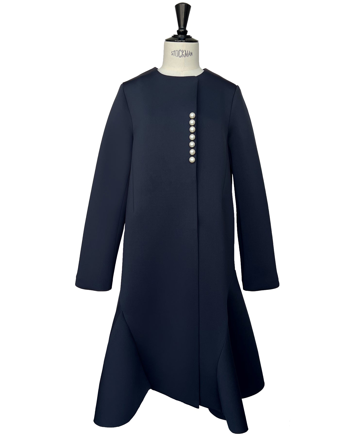 ルイルエブティック RUIRUE BOUTIQUE パールデザインダンボールニットフレアコート ｜ レディース アウター 羽織 体型カバー 保温 暖かい ロングコート フレア ノーカラー （ブラック） ブラック