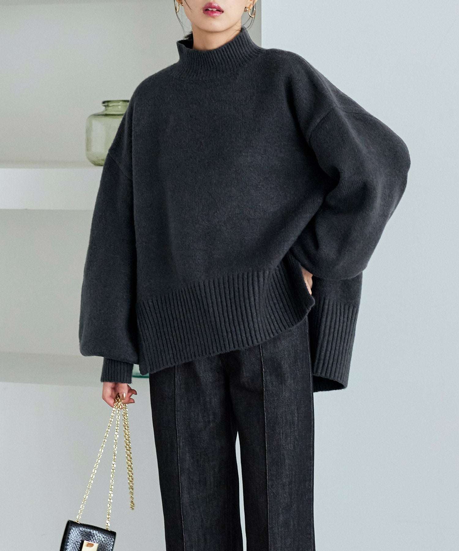ルイルエブティック RUIRUE BOUTIQUE サイドスリットハイネックニット,チャコールグレー