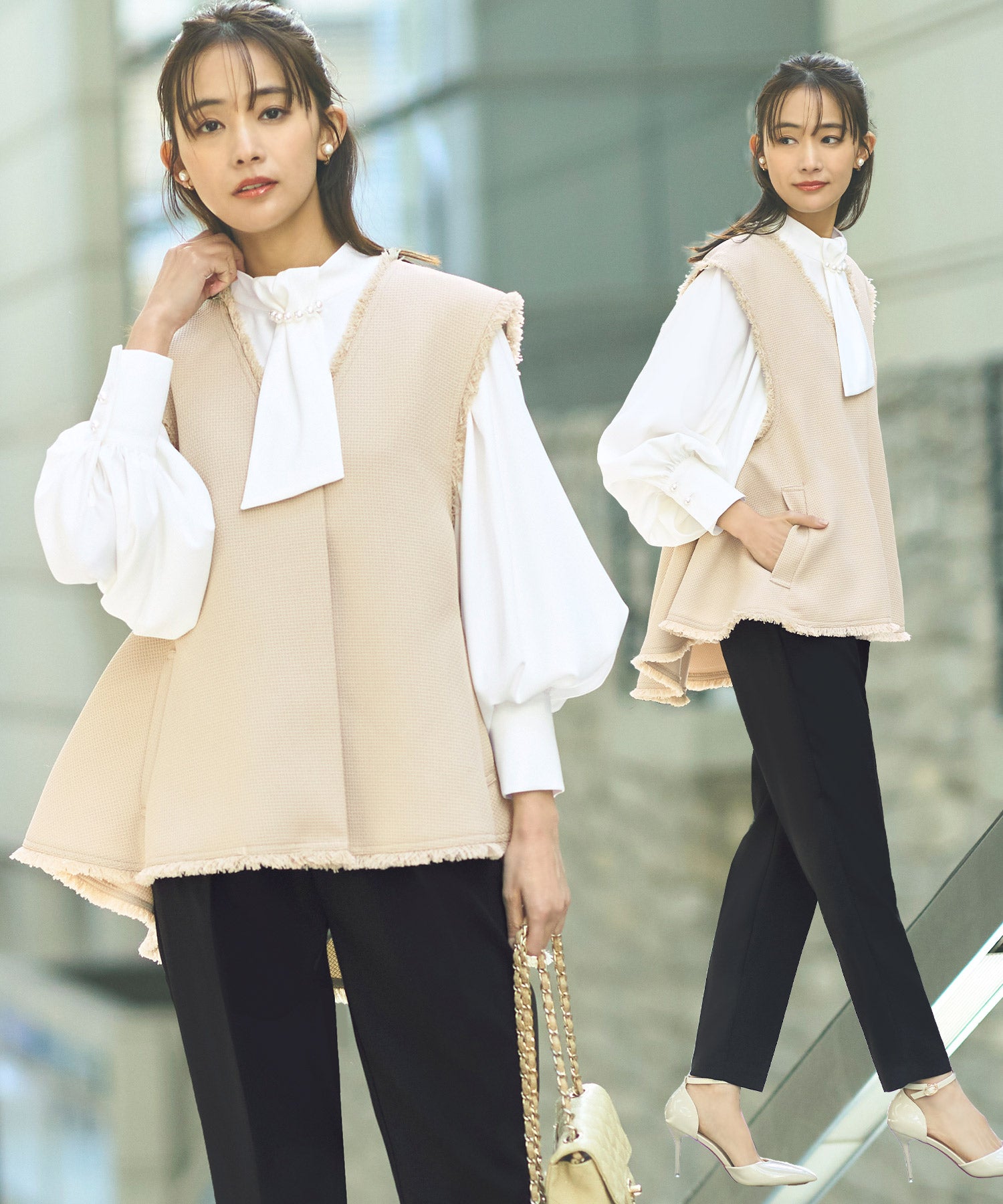 ルイルエブティック RUIRUE BOUTIQUE 【3点セット】バスケットツイードジレ＆タイパールチェーンボリューム袖ブラウス＆テーパードパンツ  3点 セットアップ  洗える（グレージュ） グレージュ