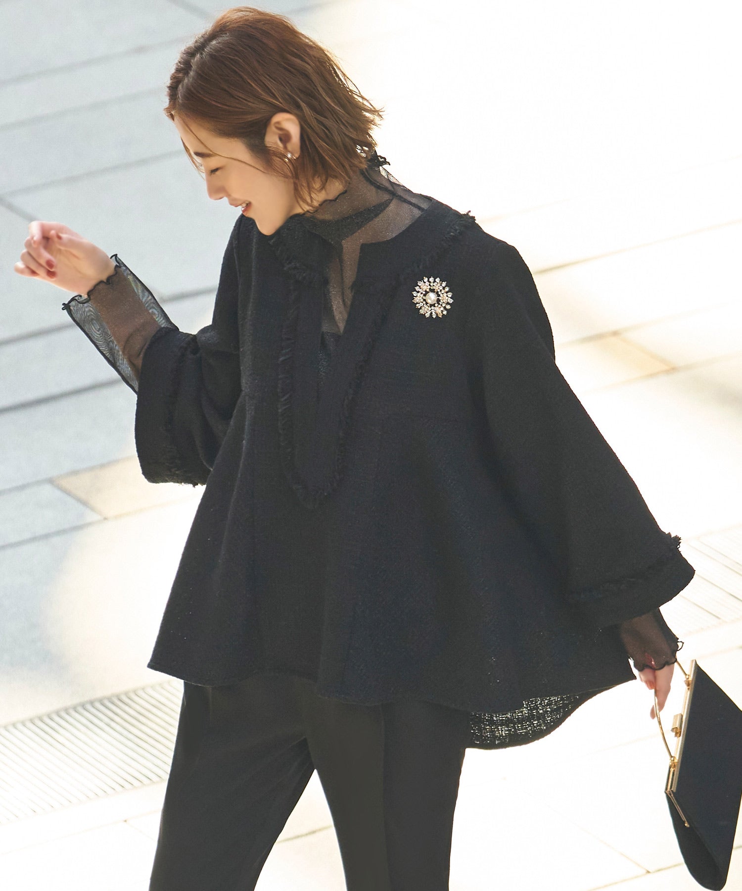 ルイルエブティック RUIRUE BOUTIQUE 【オケージョン対応】ツイードバックテールプルオーバー＆セミフレアパンツセットアップ セレモニー お呼ばれ （ブラック） ブラック