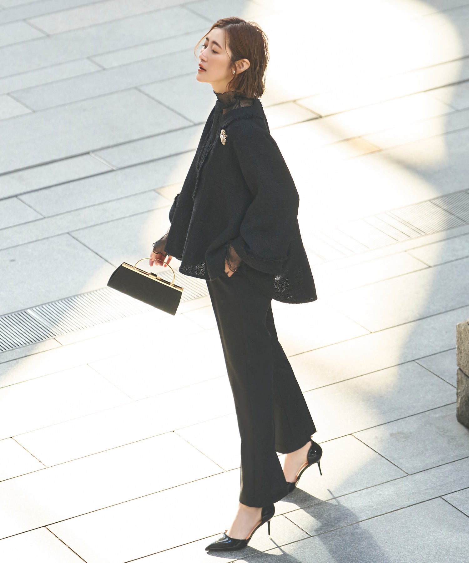 ルイルエブティック RUIRUE BOUTIQUE 【オケージョン対応】ツイードバックテールプルオーバー＆セミフレアパンツセットアップ セレモニー お呼ばれ （ブラック） ブラック