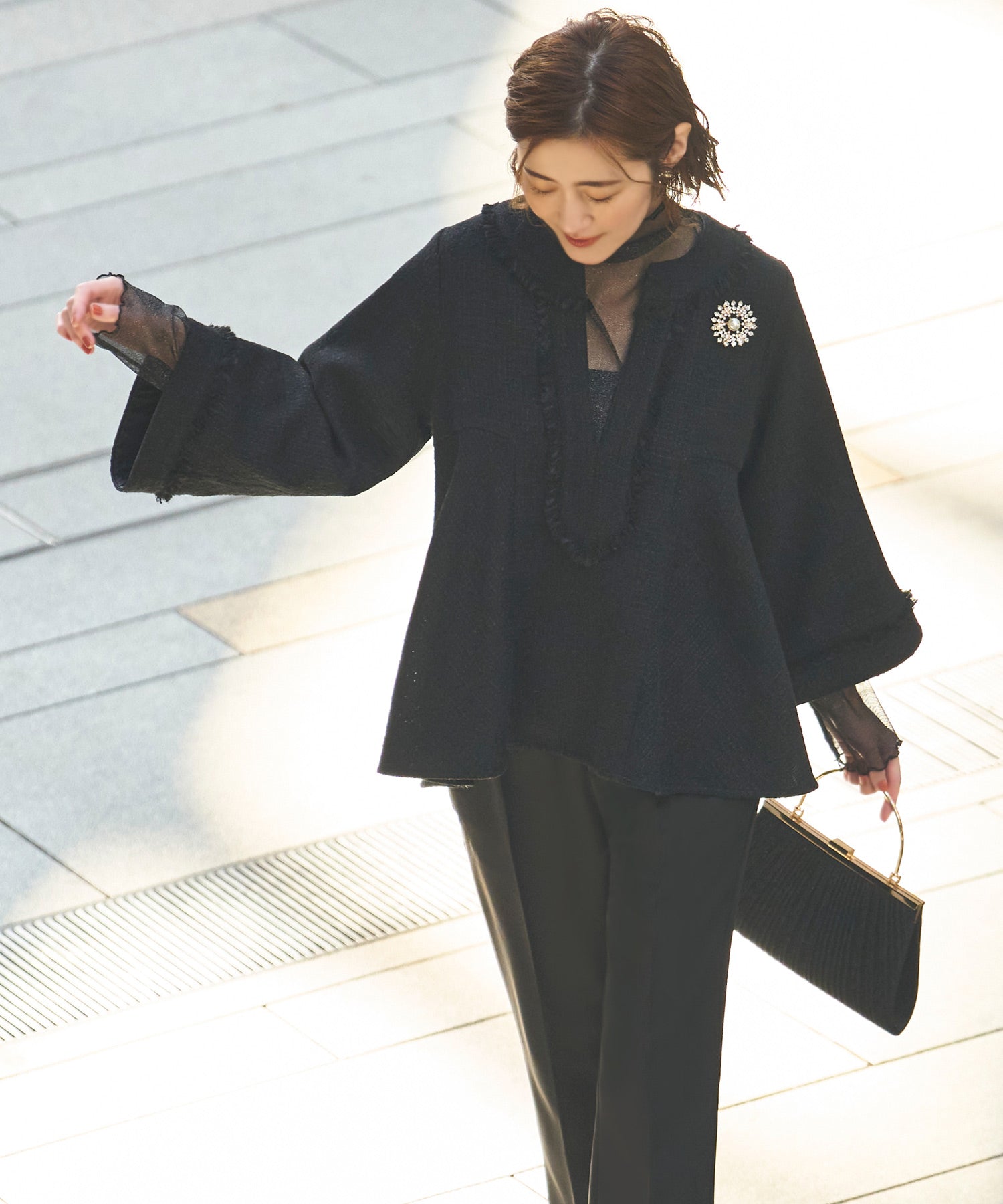 ルイルエブティック RUIRUE BOUTIQUE 【オケージョン対応】ツイードバックテールプルオーバー＆セミフレアパンツセットアップ セレモニー お呼ばれ （ブラック） ブラック