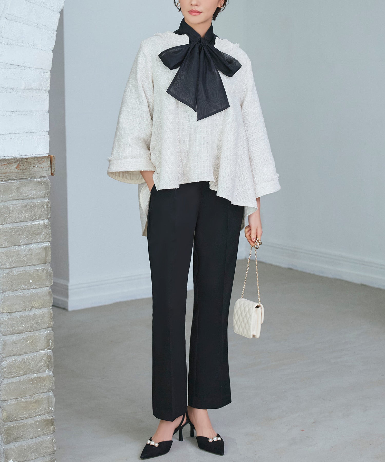 ルイルエブティック RUIRUE BOUTIQUE 【オケージョン対応】ツイードバックテールプルオーバー＆セミフレアパンツセットアップ セレモニー お呼ばれ （オフベージュ） オフベージュ