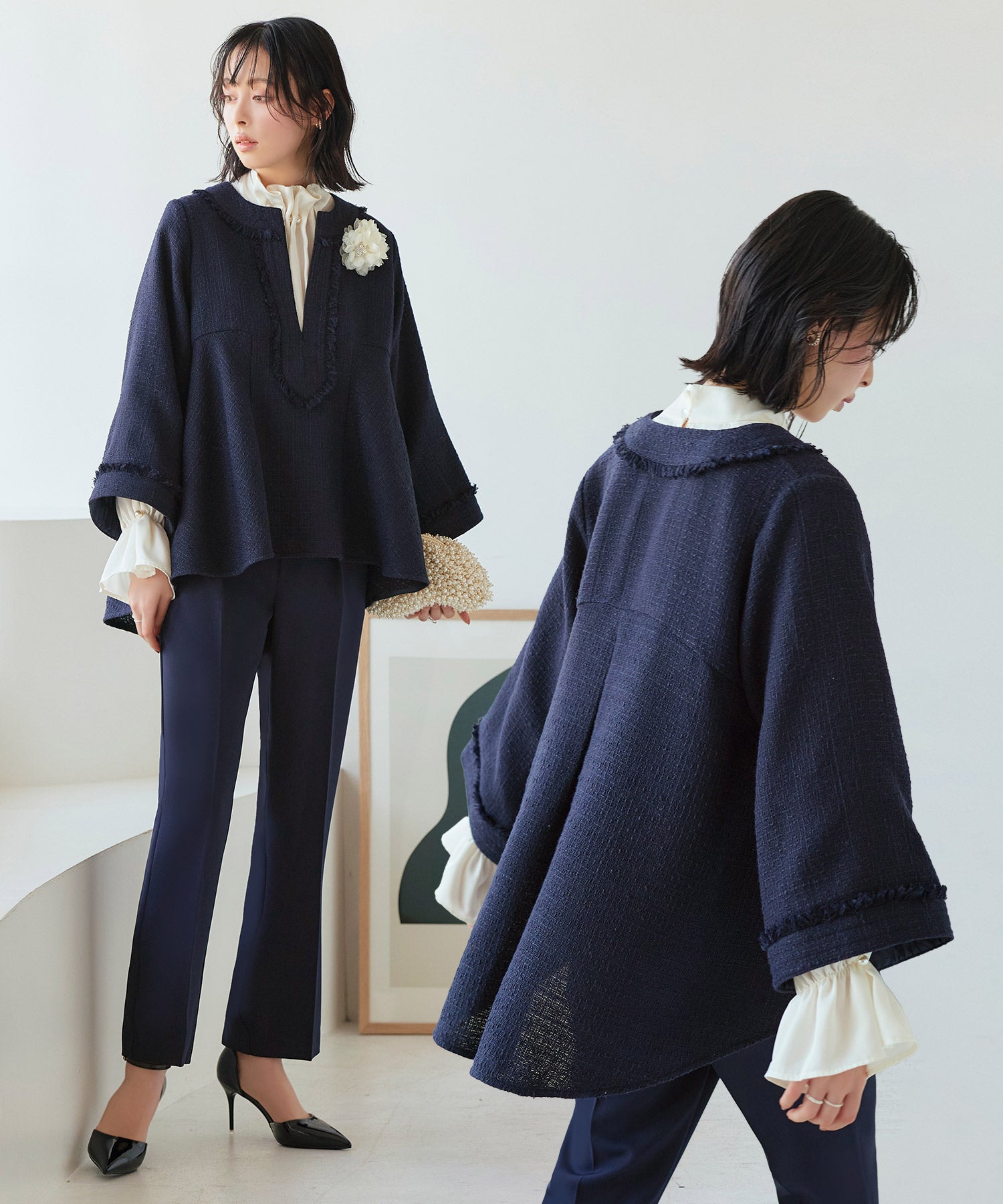 ルイルエブティック RUIRUE BOUTIQUE 【オケージョン対応】ツイードバックテールプルオーバー＆セミフレアパンツセットアップ セレモニー お呼ばれ （ネイビー） ネイビー