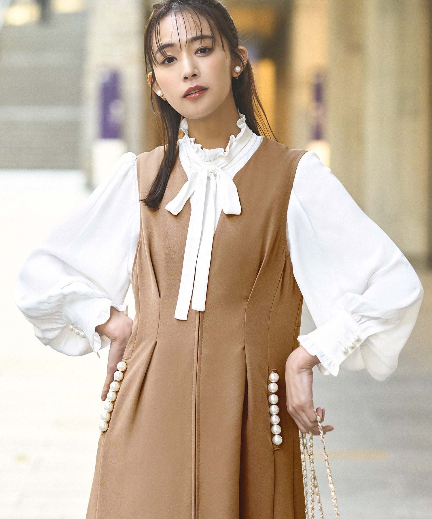 ルイルエブティック RUIRUE BOUTIQUE 【着脱楽々♪フロントファスナーシリーズ】パールモチーフ 2wayジレワンピース,キャメル