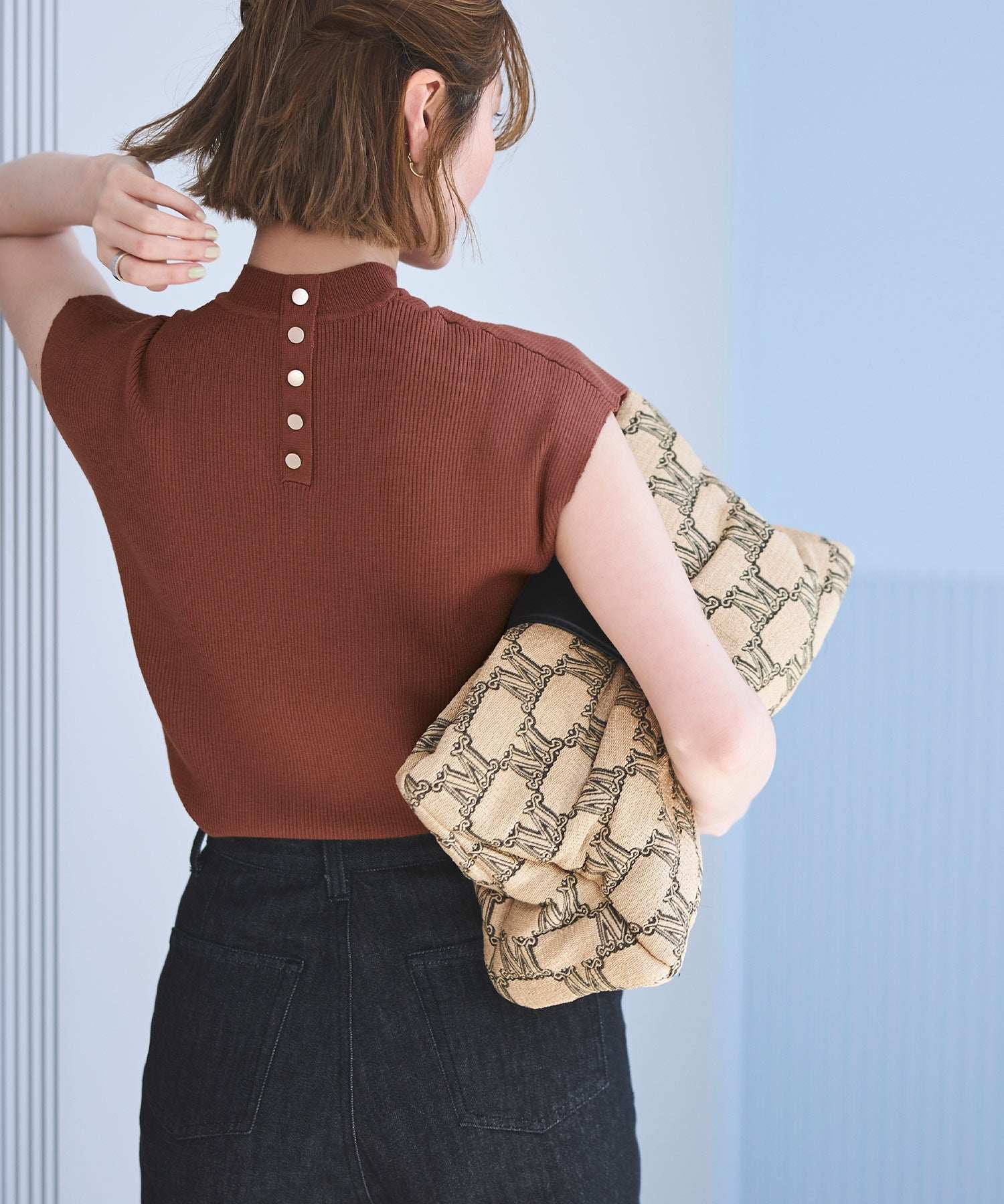 ルイルエブティック RUIRUE BOUTIQUE 選べるデザイン バック釦 フレンチリブニット（Aタイプ/メタル釦） （メタル釦/ブラウン） メタル釦/ブラウン