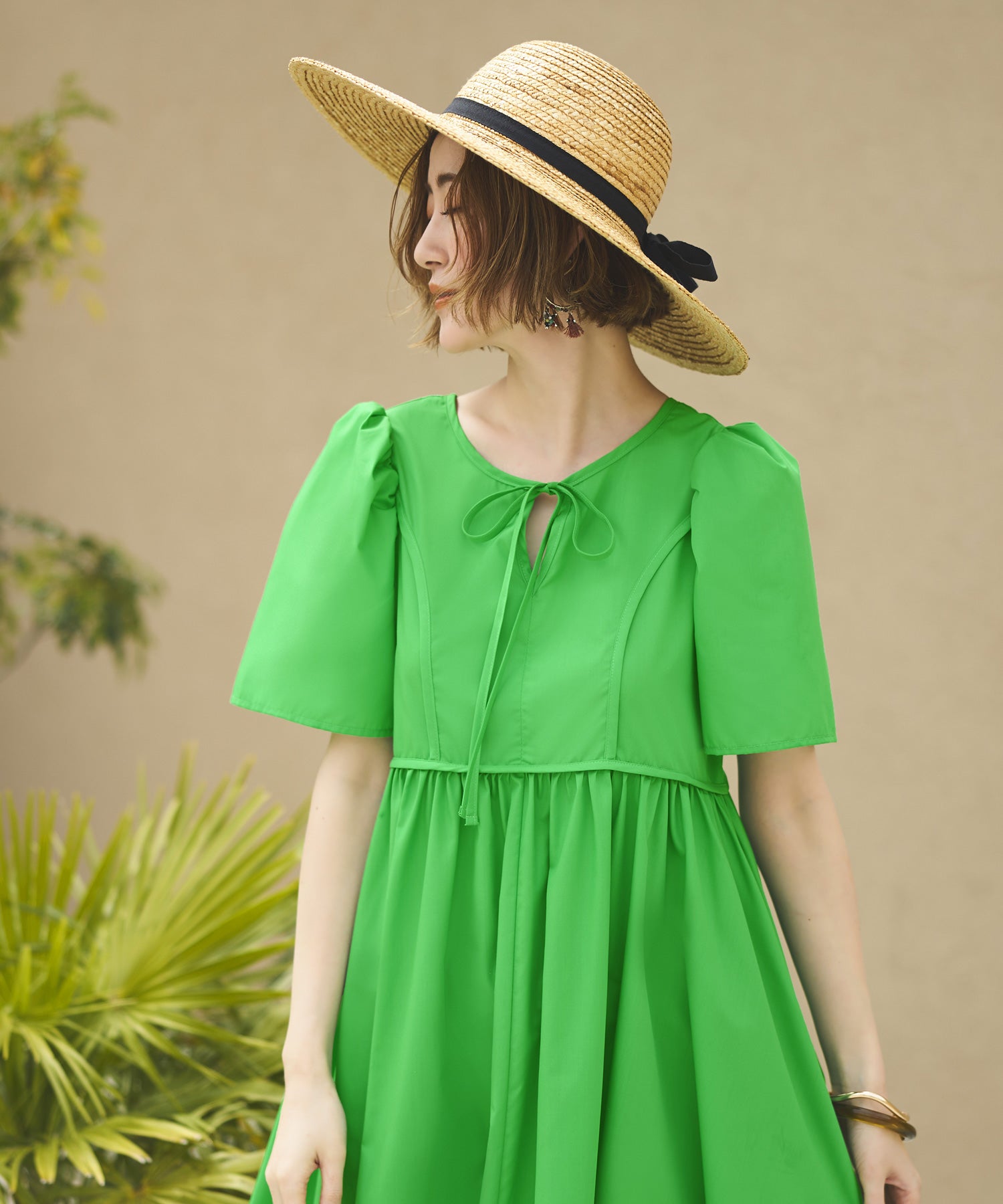 ルイルエブティック RUIRUE BOUTIQUE 洗える ボリュームスリーブ・ギャザー ロング丈 ワンピース （ビビッドグリーン） ビビッドグリーン